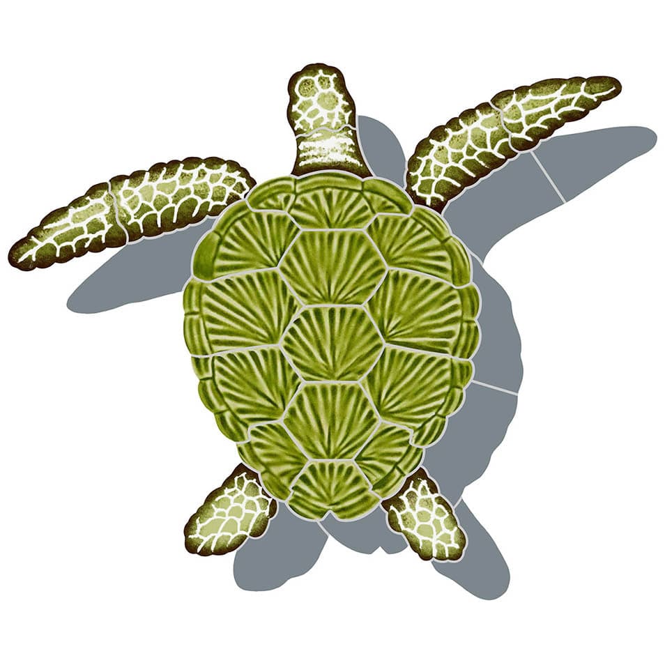 Loggerhead Turtle with Shadow Green 9x10 Porcelain Mosaics Pool Tile Ocean Pool Mosaics