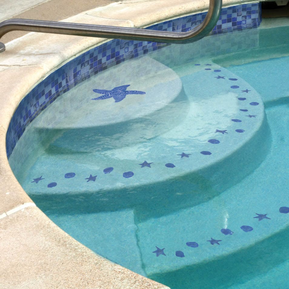 Step Markers Shells Blue 3x24 Porcelain Mosaics Pool Tile Ocean Pool Mosaics