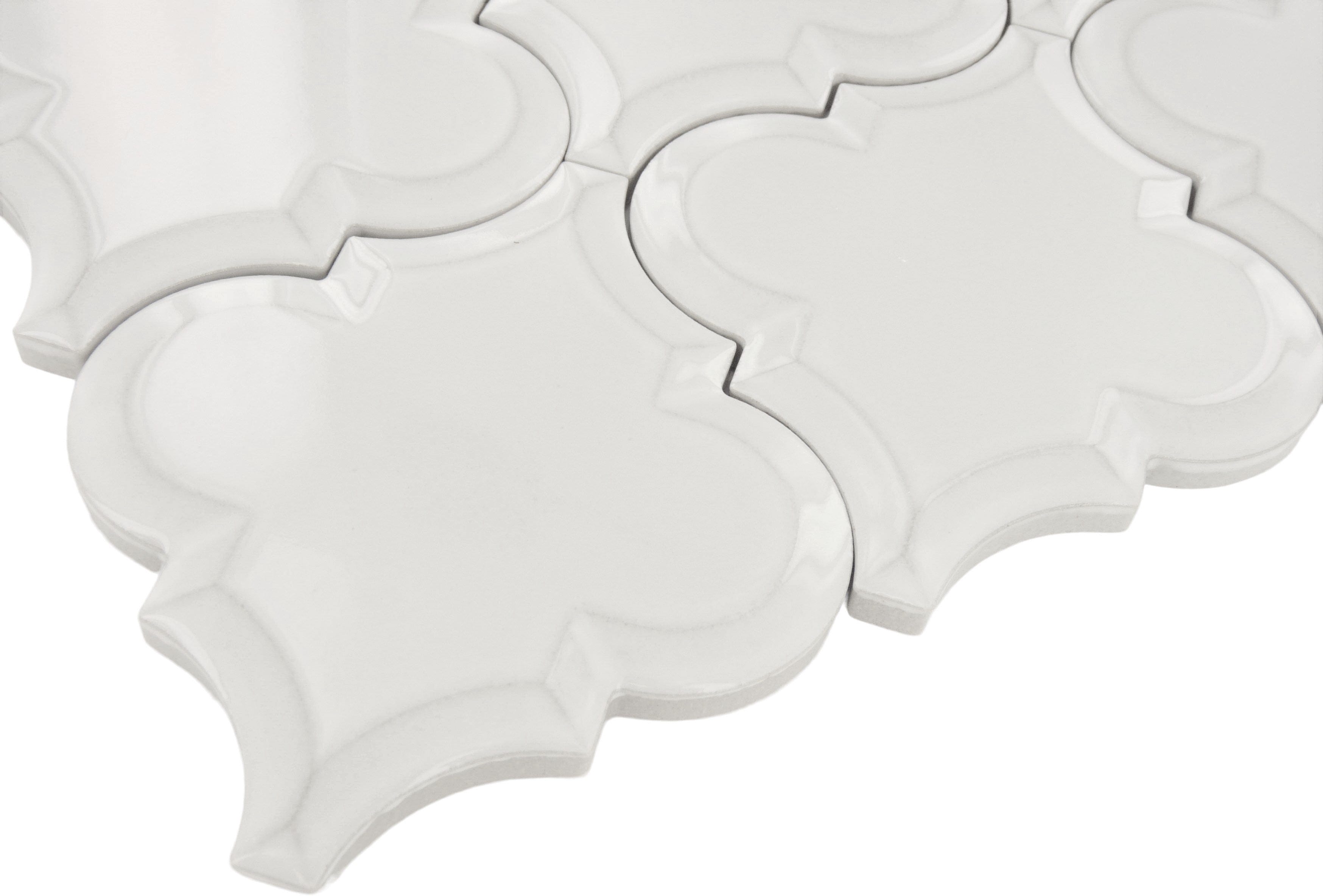 Snowy Arabesque Beveled White Glossy Porcelain Tile Regency