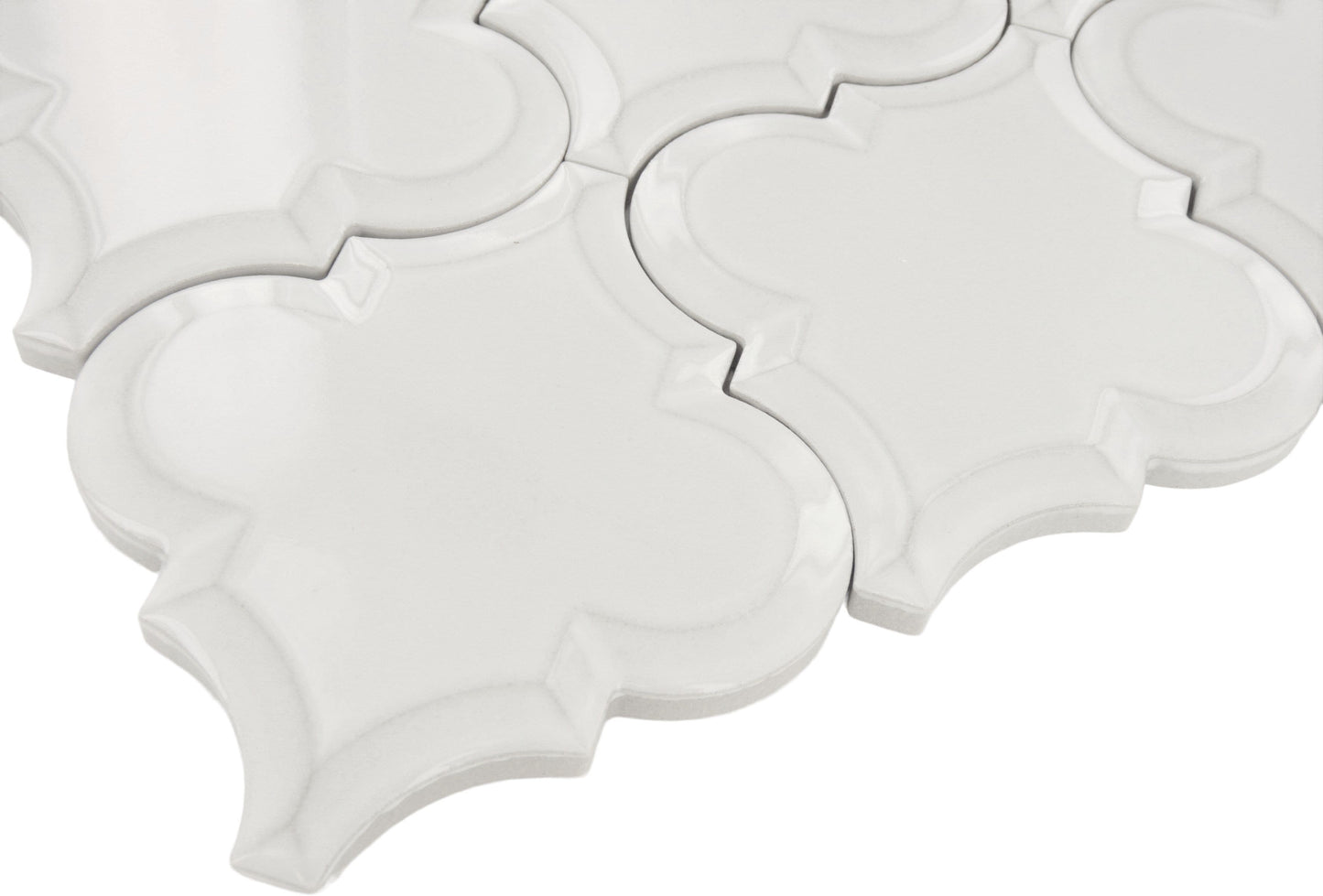 Snowy Arabesque Beveled White Glossy Porcelain Tile Regency