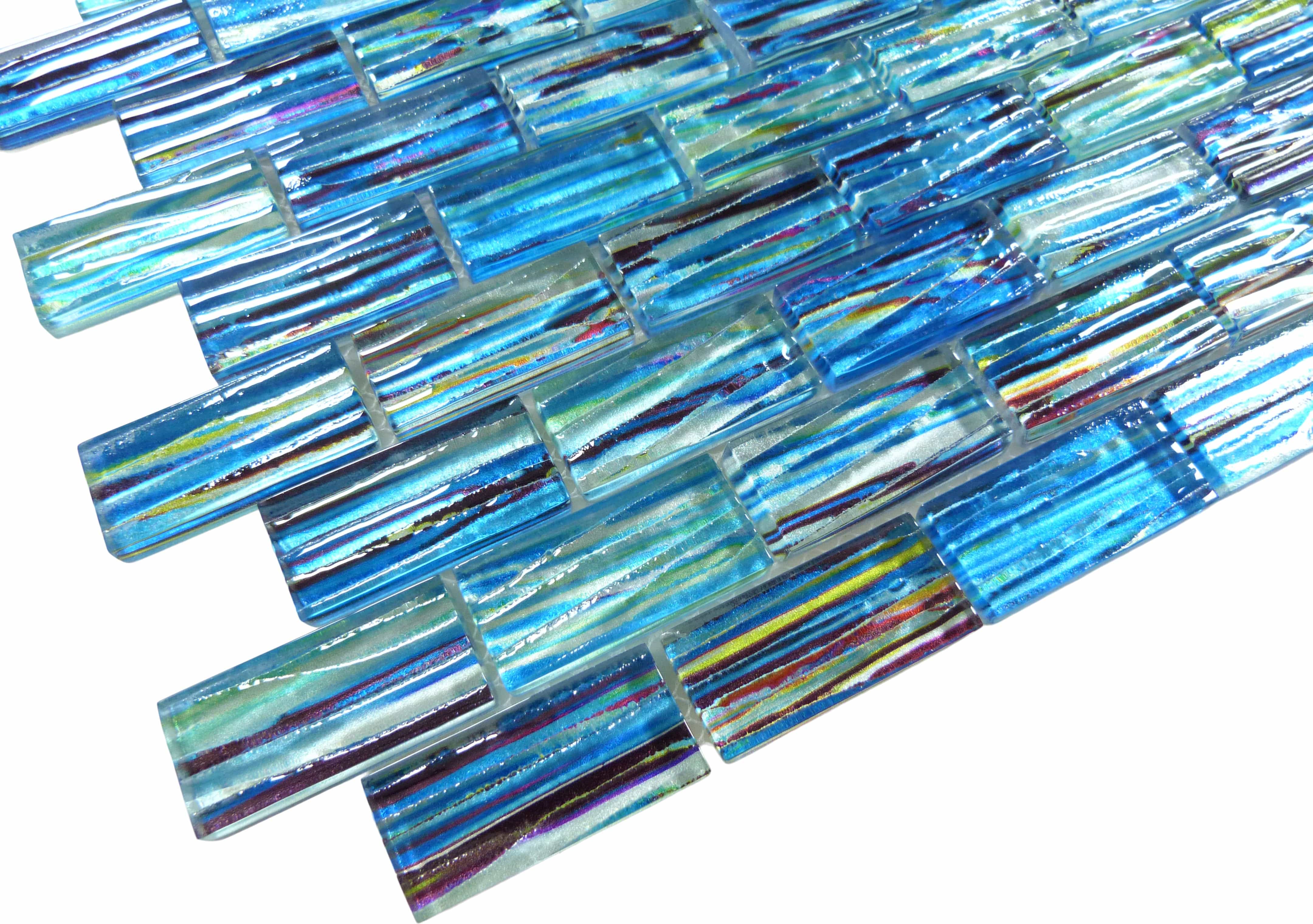 Rainbow Streak Ocean Blue 1x2 Glossy Glass Tile Royal Tile & Stone