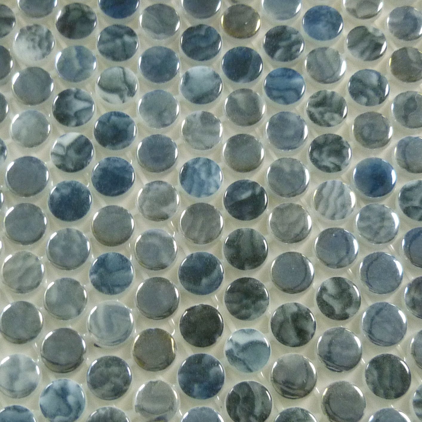 Vanguard Arrecife Grey Penny Round Glossy Glass Tile Royal Tile & Stone