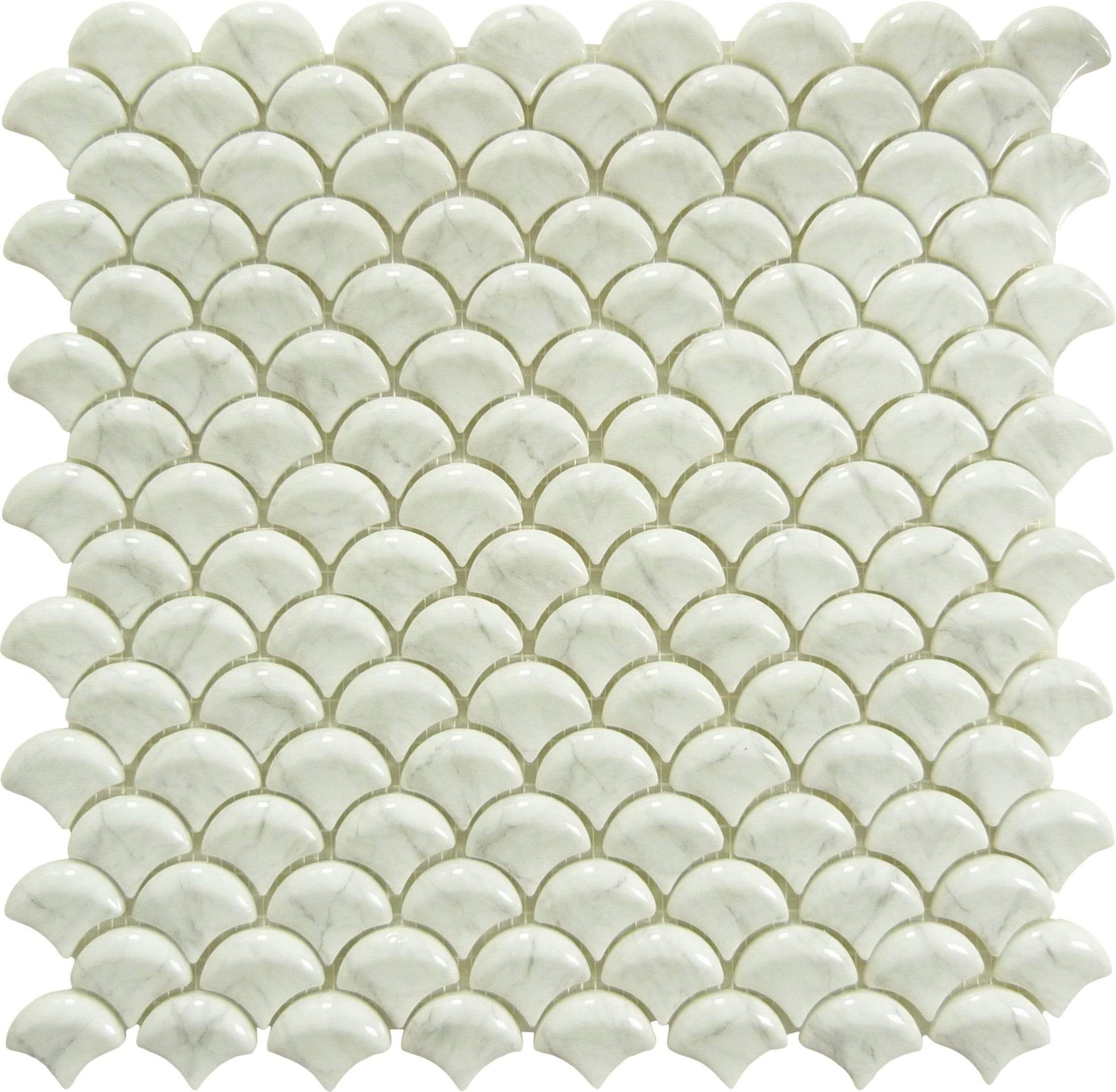 Soul 3D Fan Carrara White Fishscale Glossy Glass Tile Absolut Glass