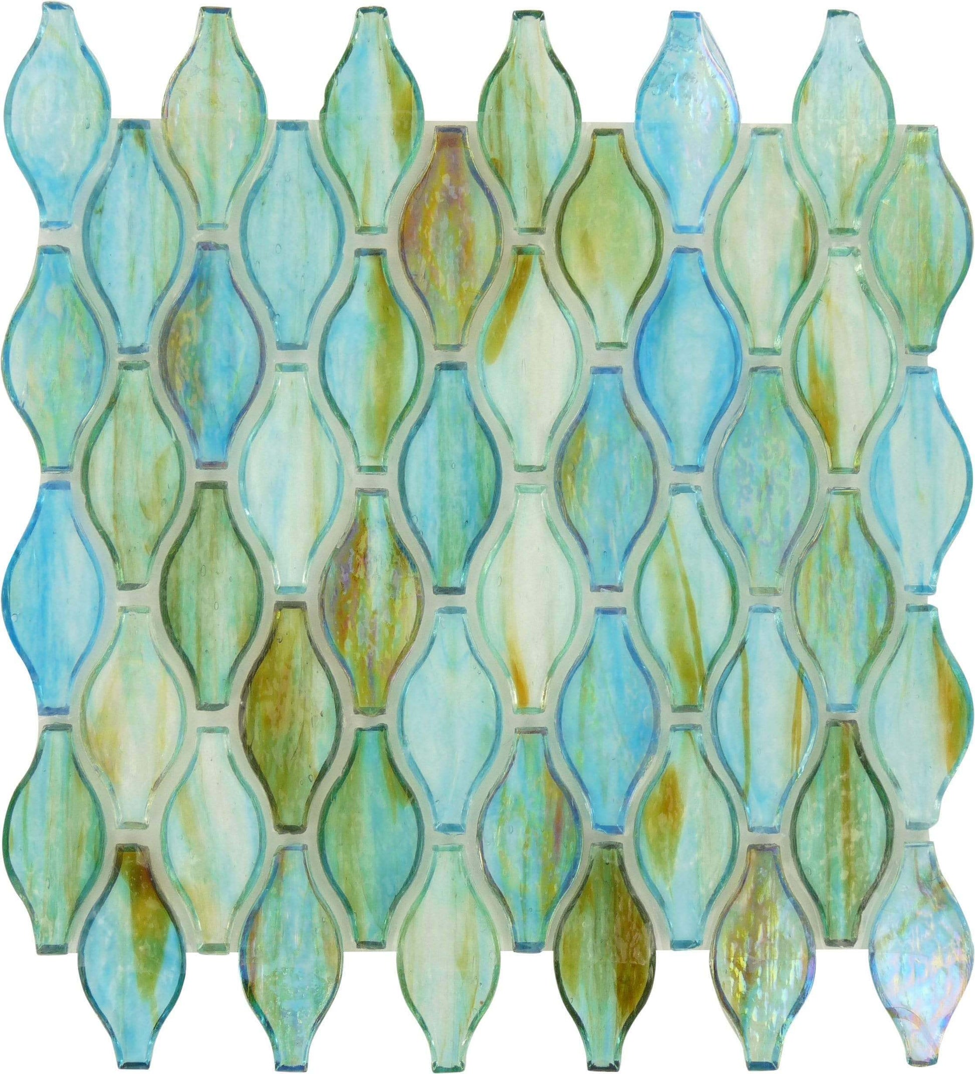 Clear Turquoise Green Unique Shapes Iridescent Glass Tile Botanical Glass