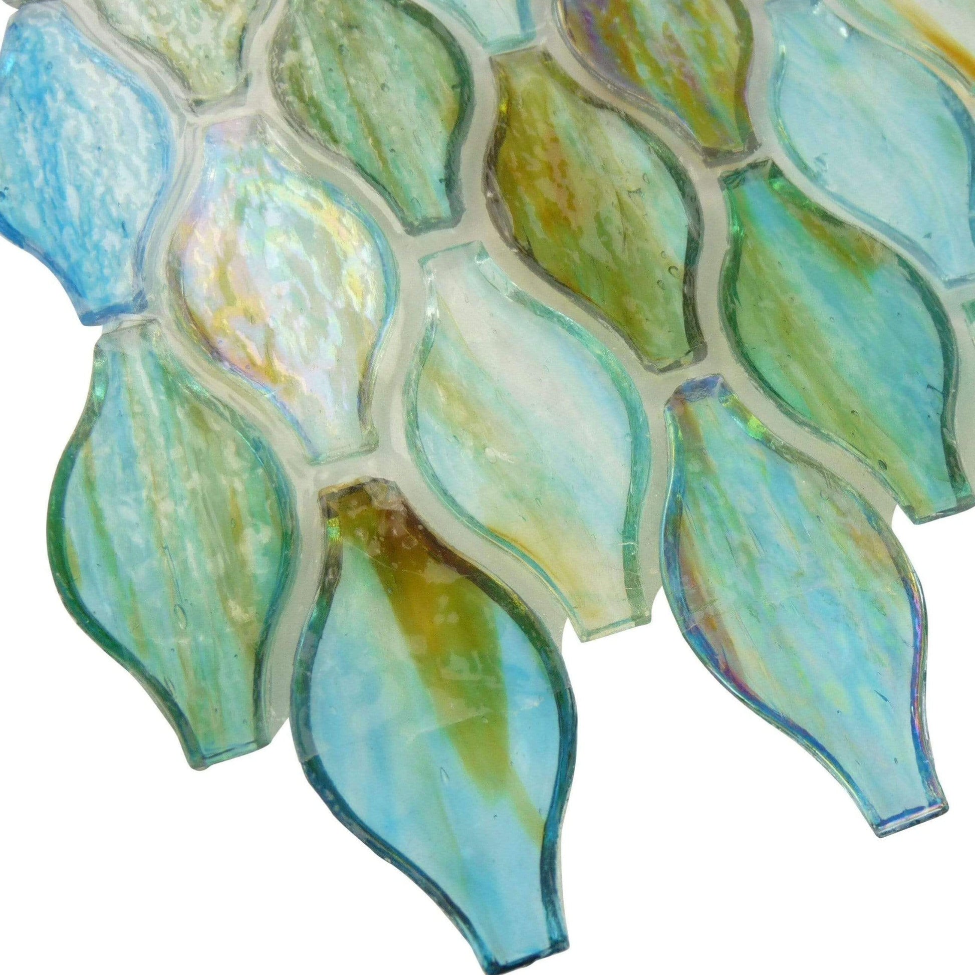 Clear Turquoise Green Unique Shapes Iridescent Glass Tile Botanical Glass