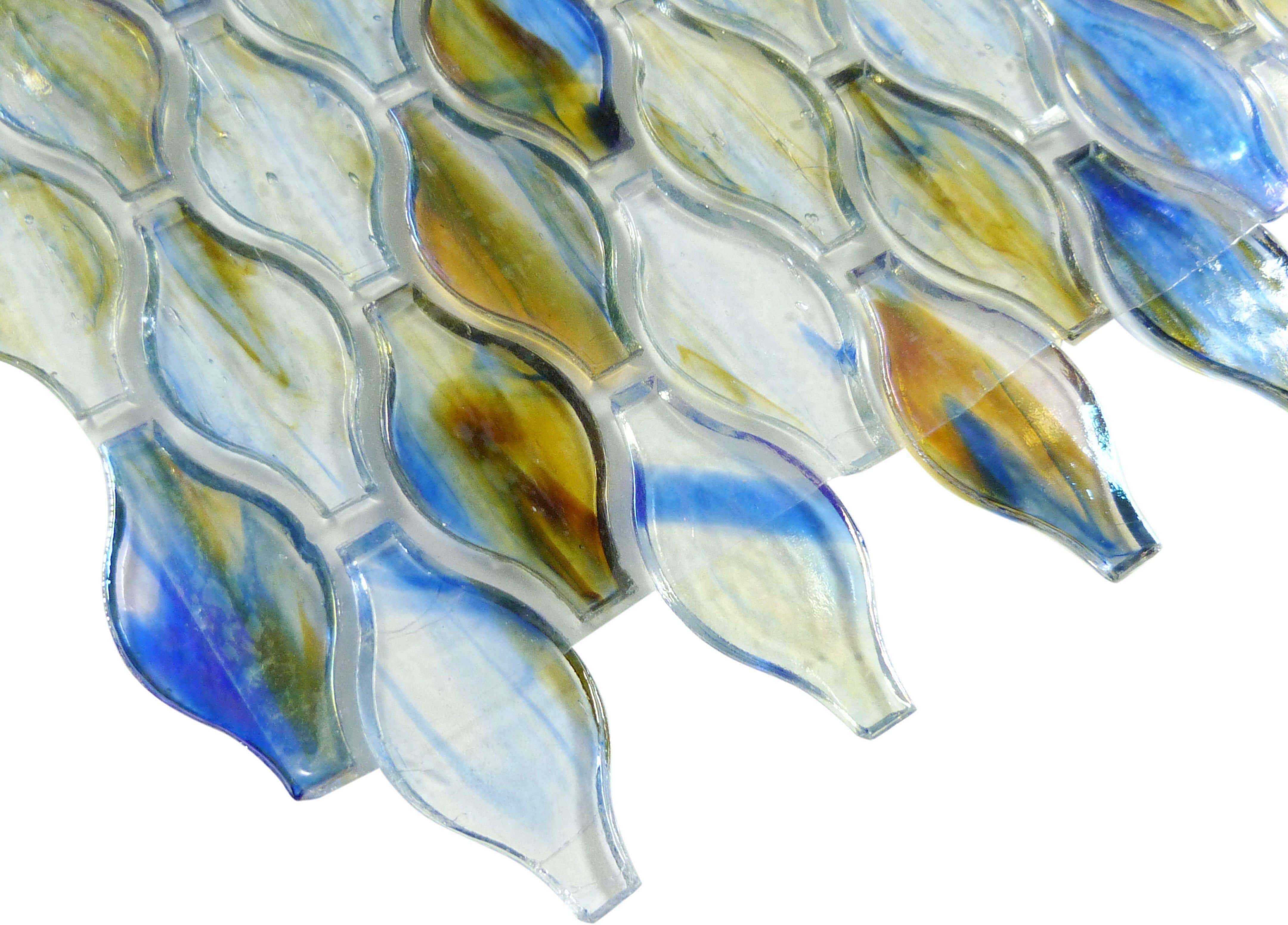 Clear Blue Mix Unique Shapes Glossy & Iridescent Glass Tile Botanical Glass