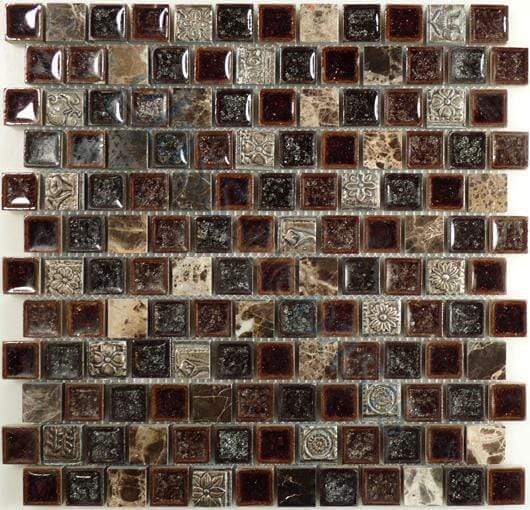 Offset Crocodile Road TS-920 Brown 7/8'' x 7/8'' Glass and Stone Polished Tile Euro Glass