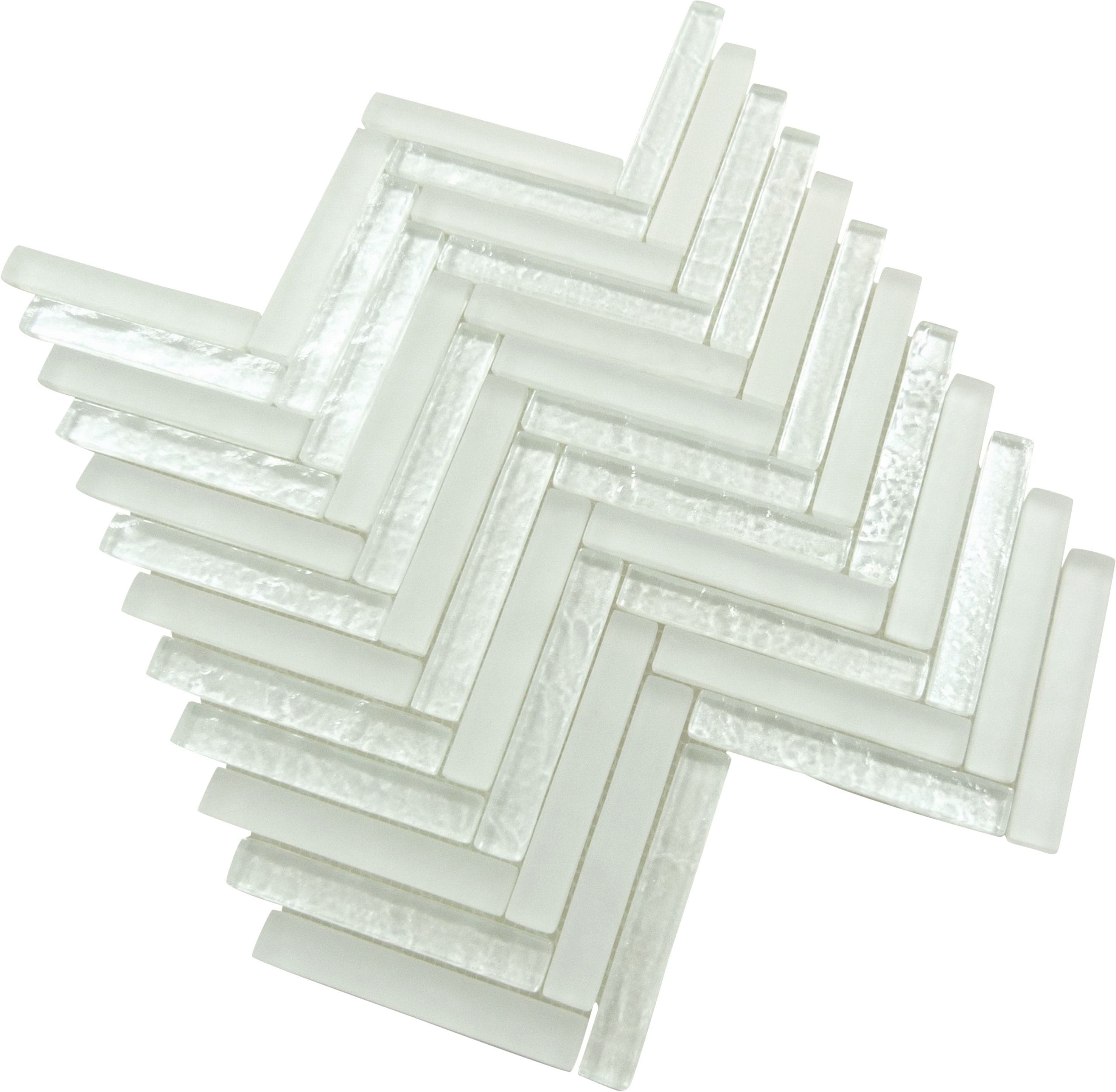 Alawai Shine Herringbone White Glossy and Frosted Glass Tile Euro Glass