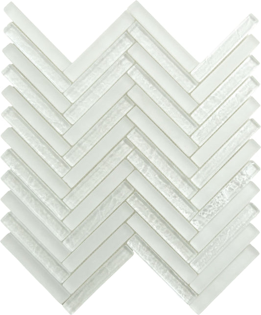 Alawai Shine Herringbone White Glossy and Frosted Glass Tile Euro Glass