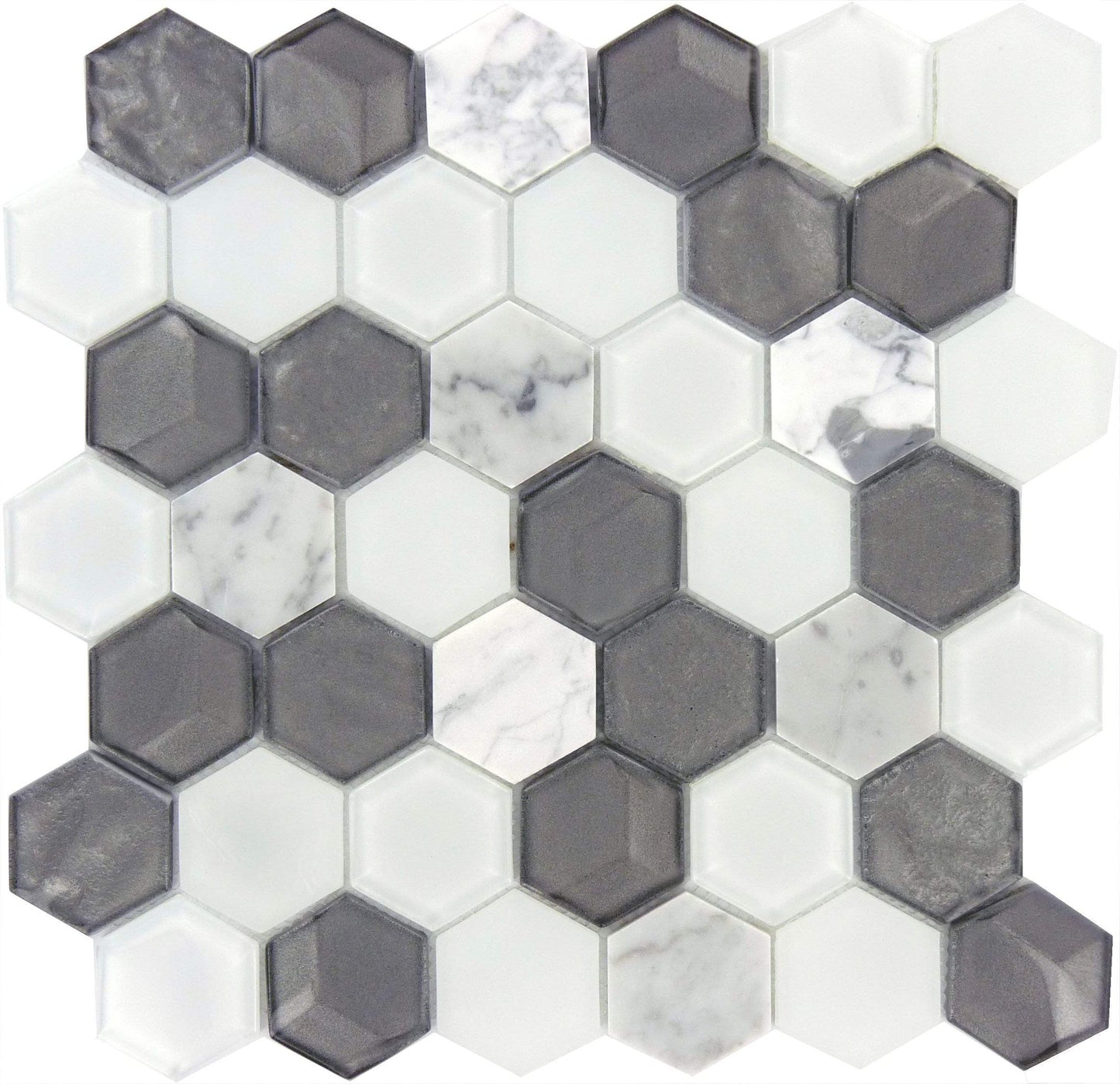 Aspen Grove Hexagon Silver Glossy Glass & Stone Tile Euro Glass