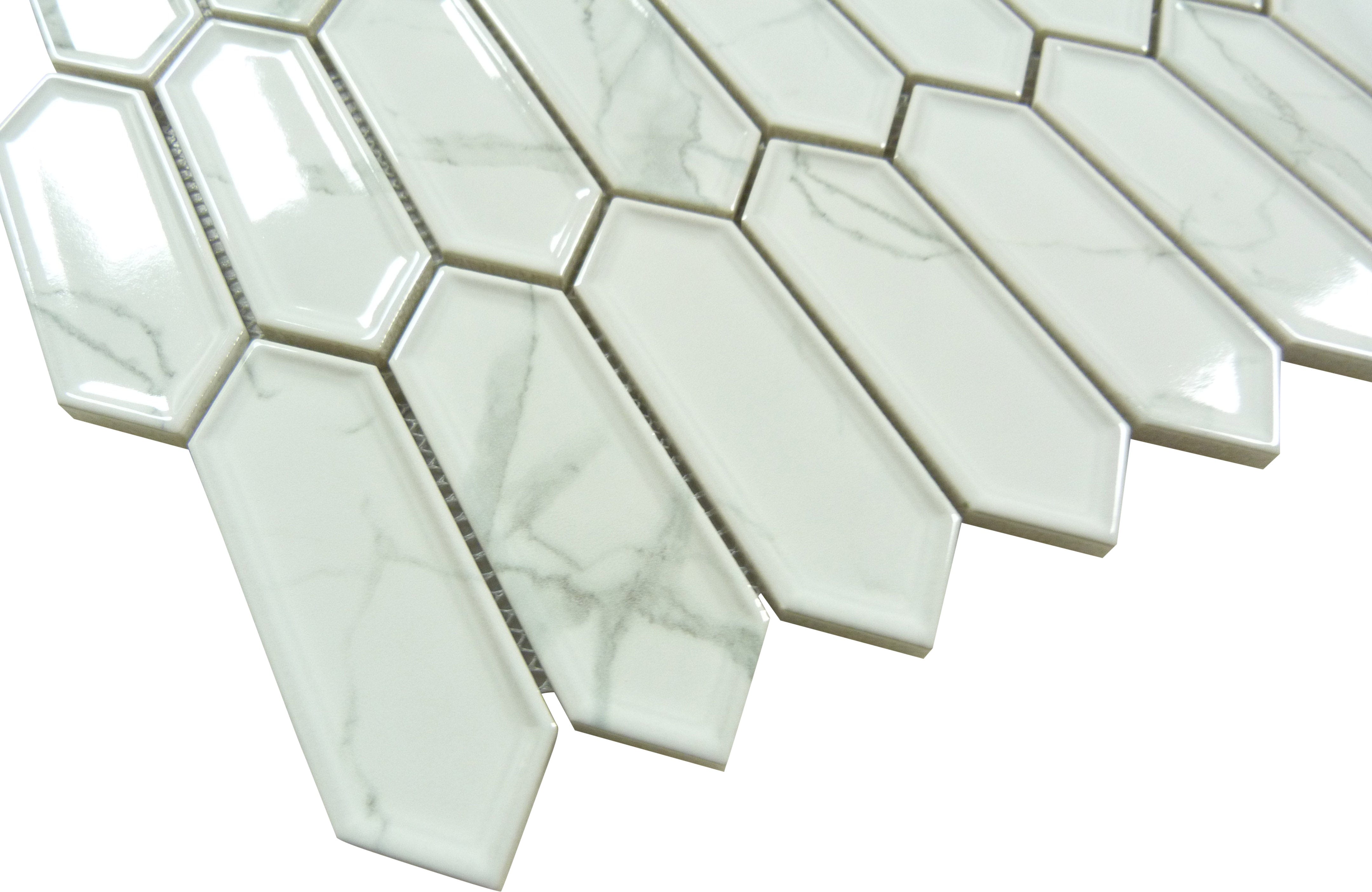 Decko French Vuillard White Elongated Hexagon Tile Euro Glass