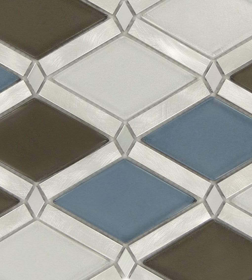 Cerulean Gaze Diamond Blue Brushed Aluminum & Glass Tile Euro Glass