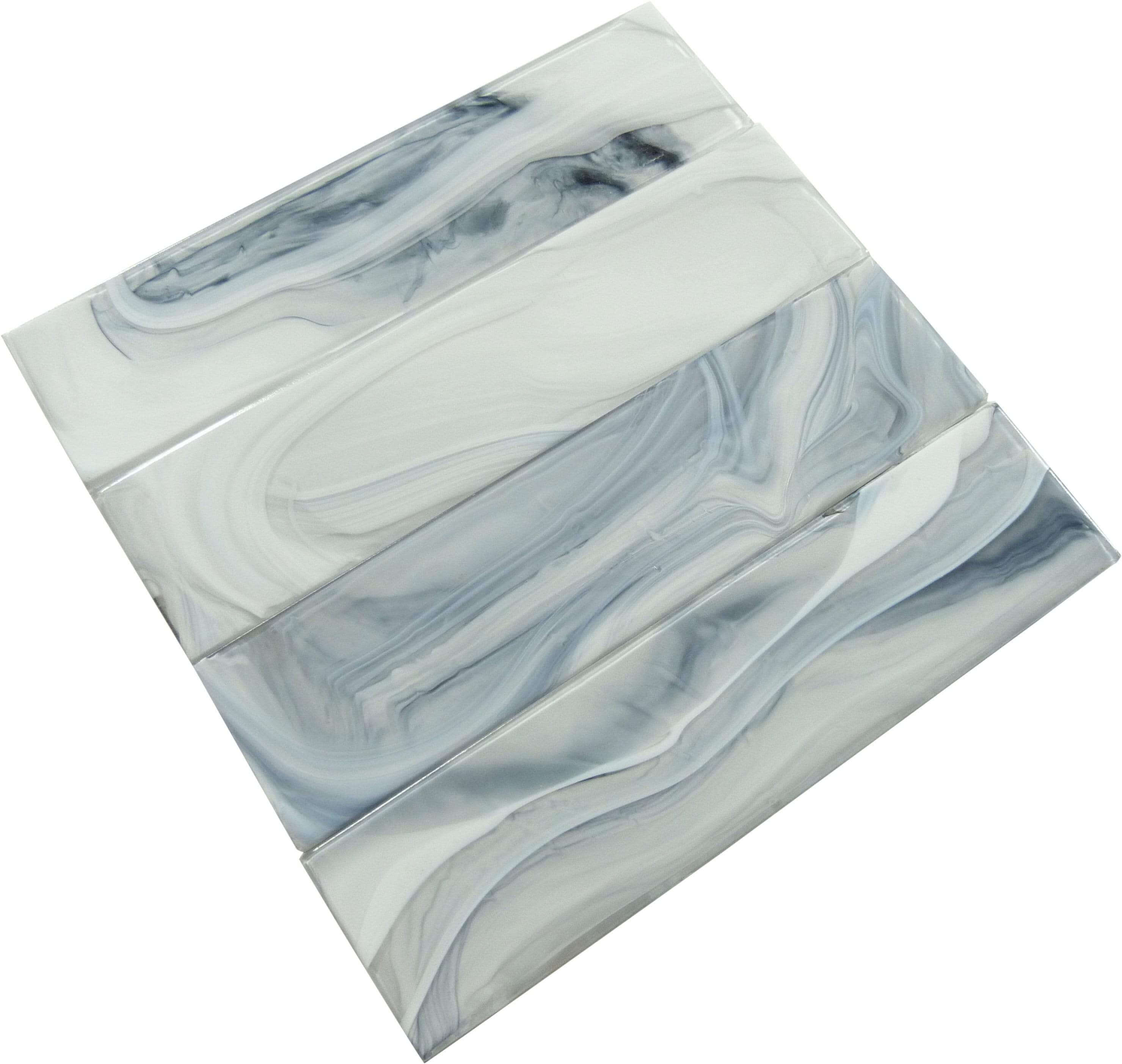 Elegant Swirl Lite Wind Blue 3" x 12" Glossy Glass Subway Pool Tile Euro Glass