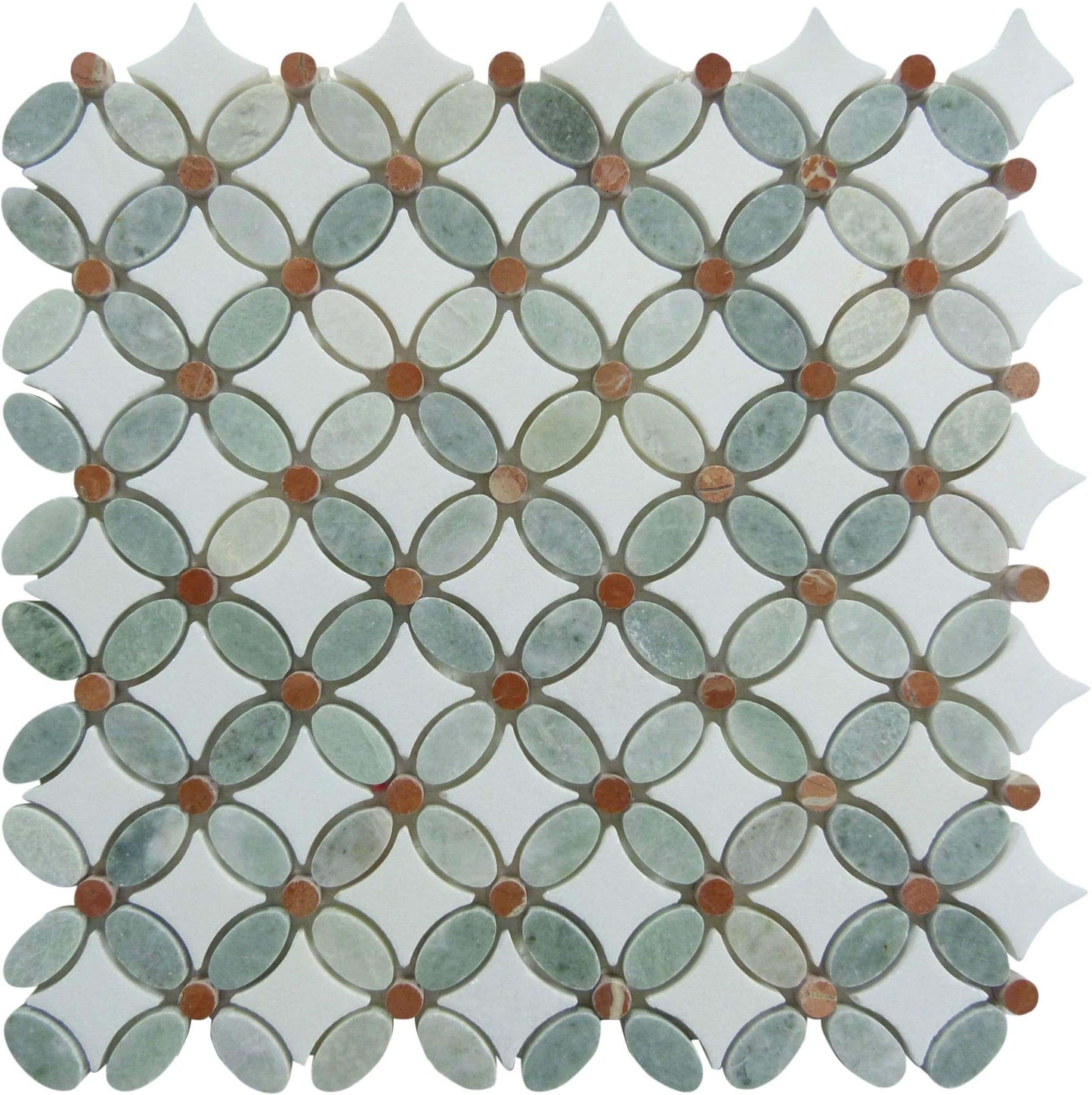 Ming Green & Thassos White Flower Polished Stone Tile Euro Glass