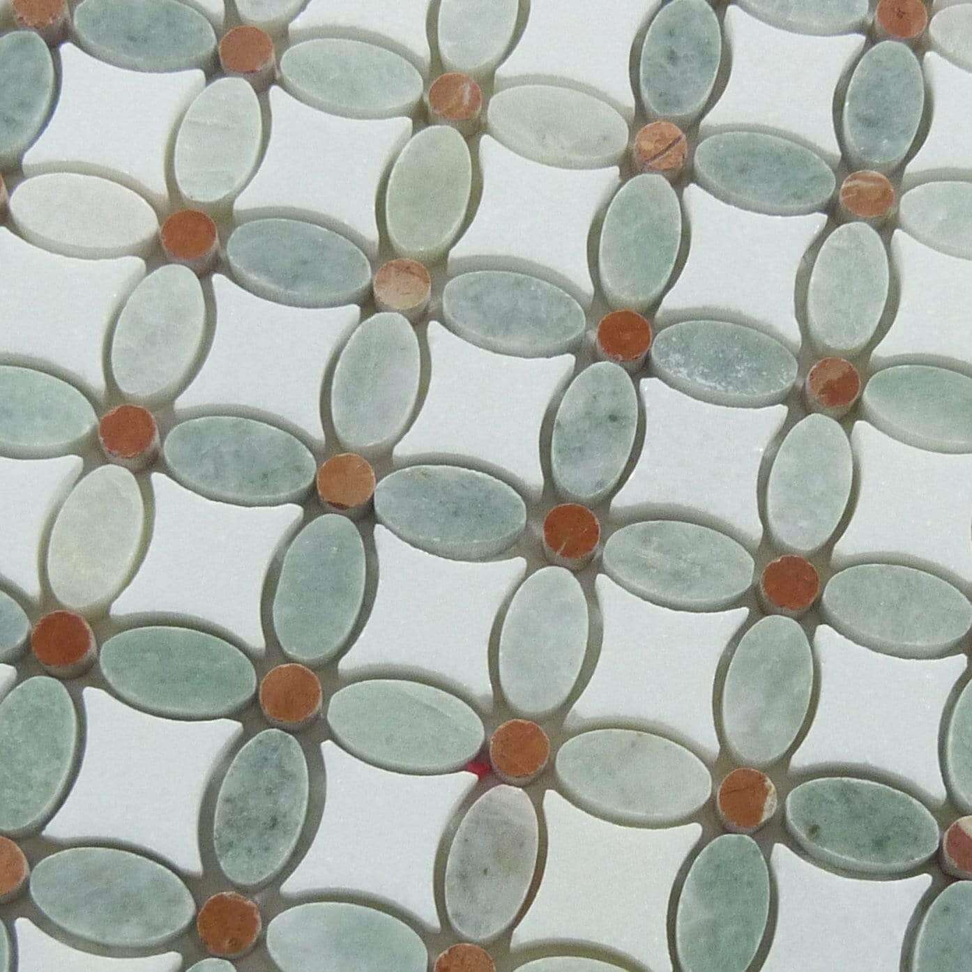 Ming Green & Thassos White Flower Polished Stone Tile Euro Glass