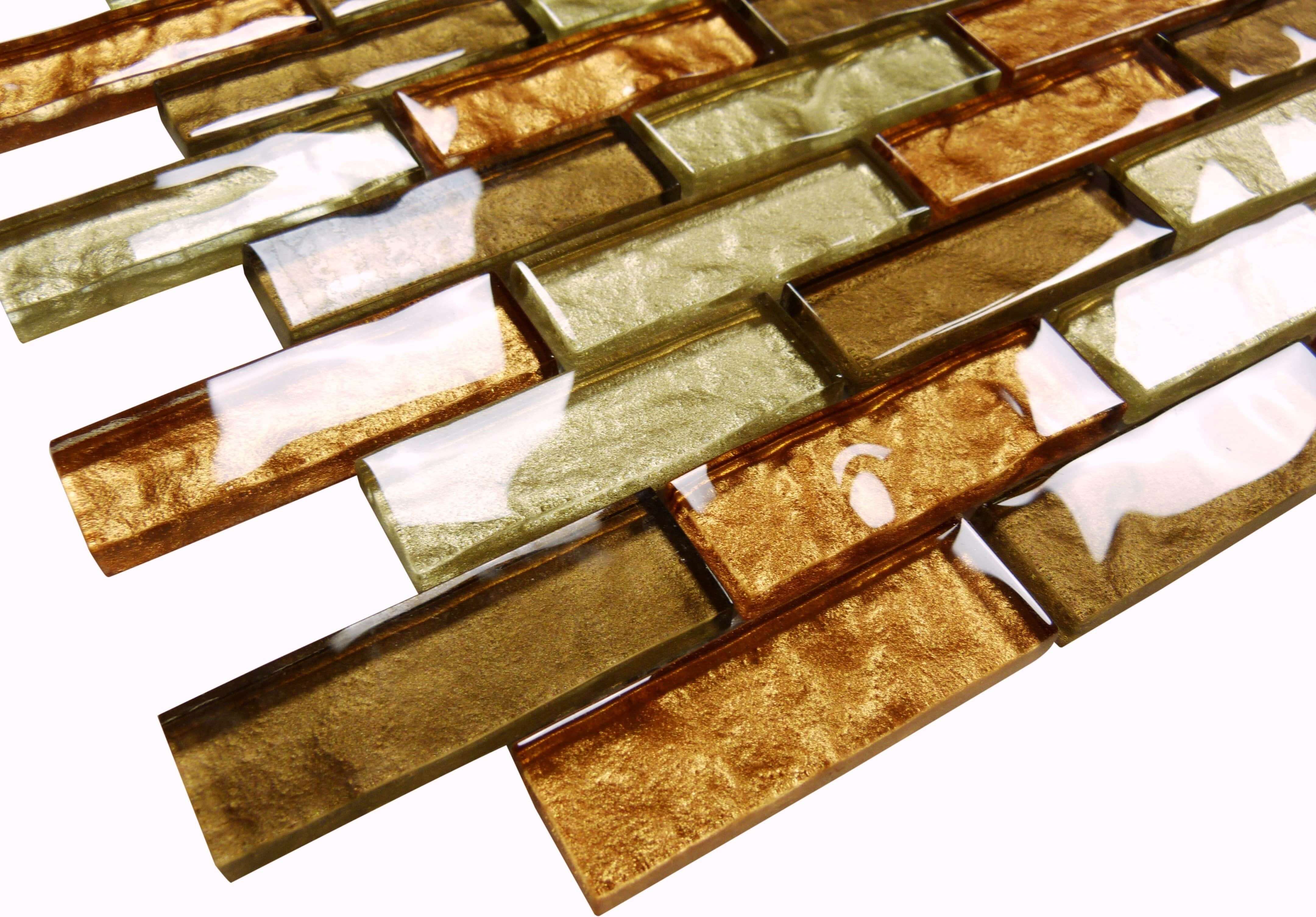 Impression Toffee Latte Gold 1'' x 3'' Glossy Glass Tile Euro Glass