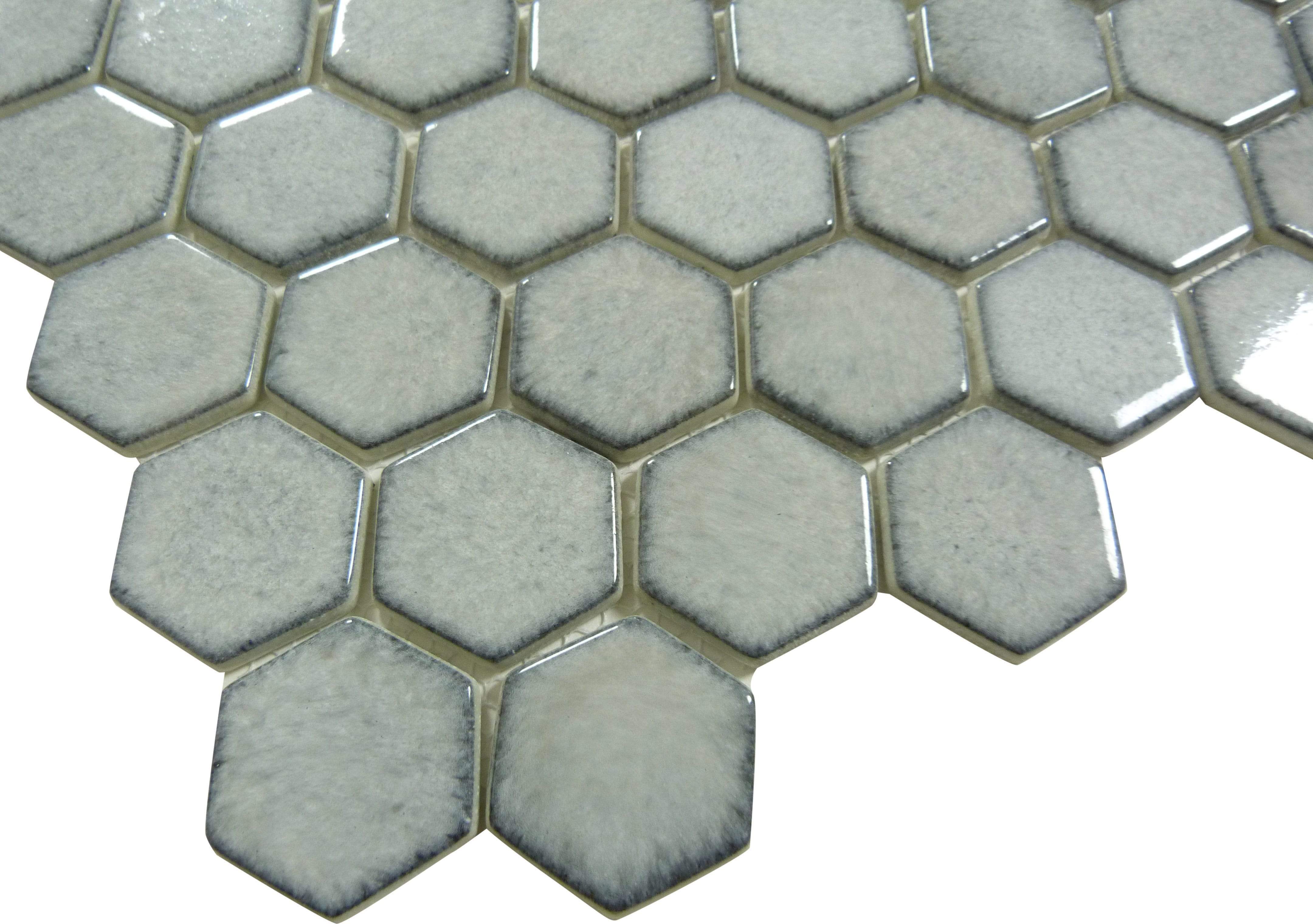 Greenwich Downtown Grey Fervor 2" Hexagon Recycled Gloss Glass Pool Tile Euro Glass