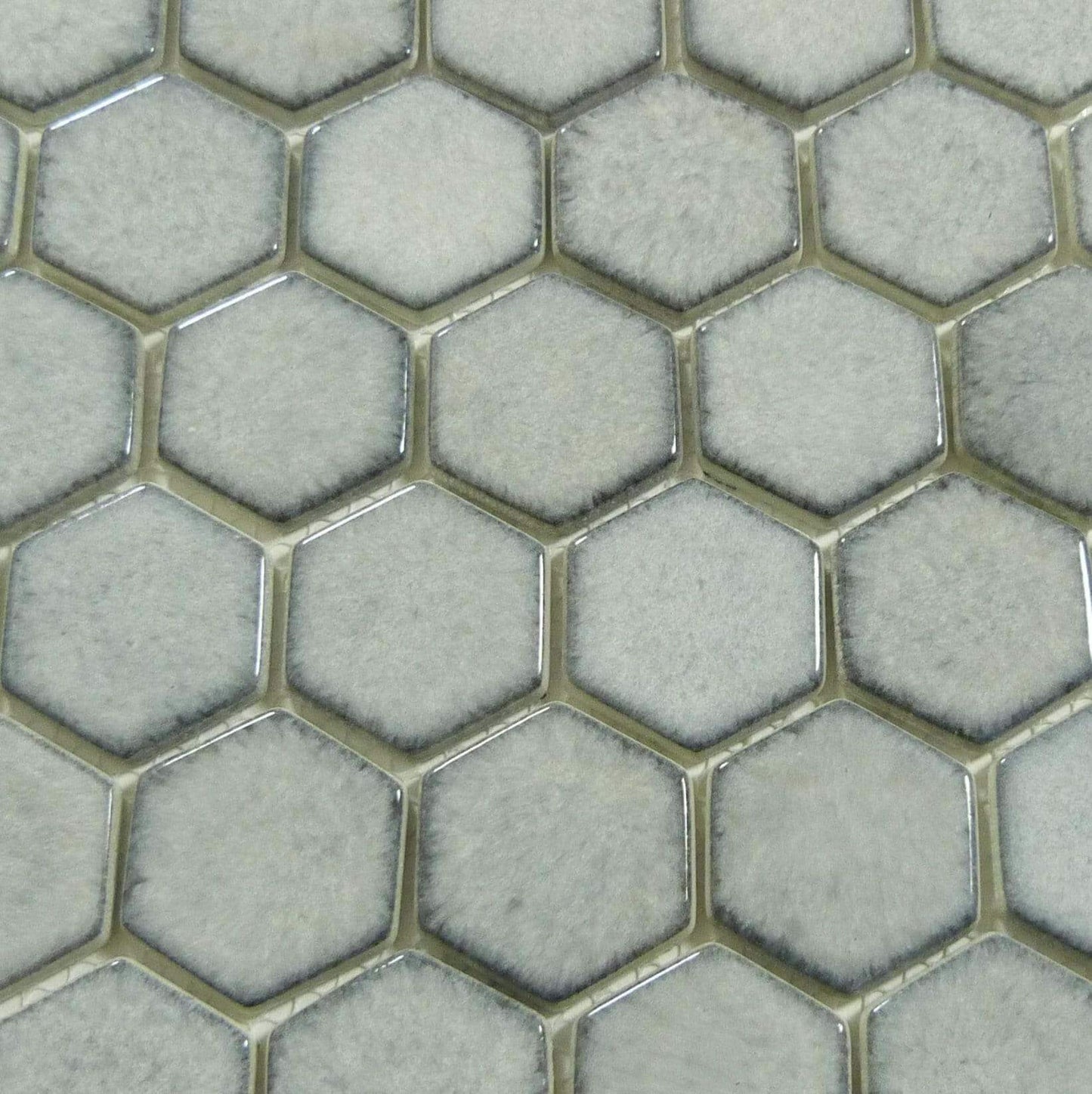 Greenwich Downtown Grey Fervor 2" Hexagon Recycled Gloss Glass Pool Tile Euro Glass