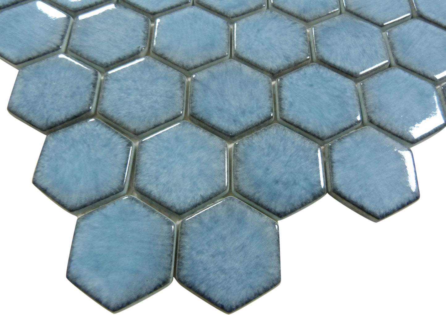 Greenwich Lafayette Blue 2" Hexagon Recycled Gloss Glass Pool Tile Euro Glass