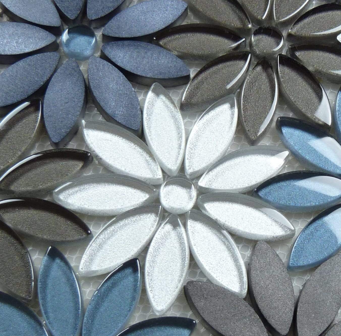 Hydrangea Thicket Grey Brushed Metal & Glass Tile Euro Glass