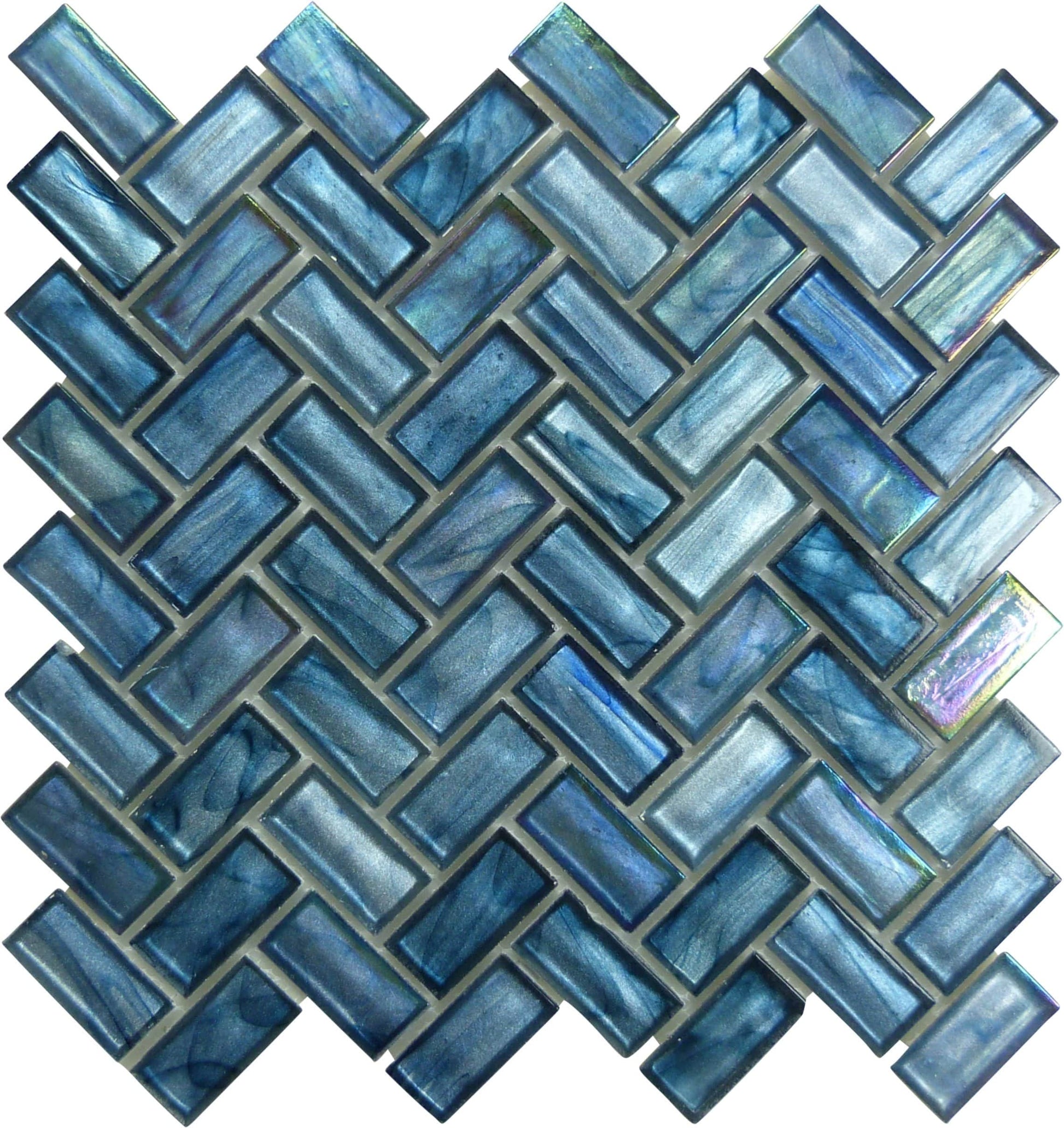 Cobalt Sea Blue Herringbone Glossy & Iridescent Glass Tile Euro Glass