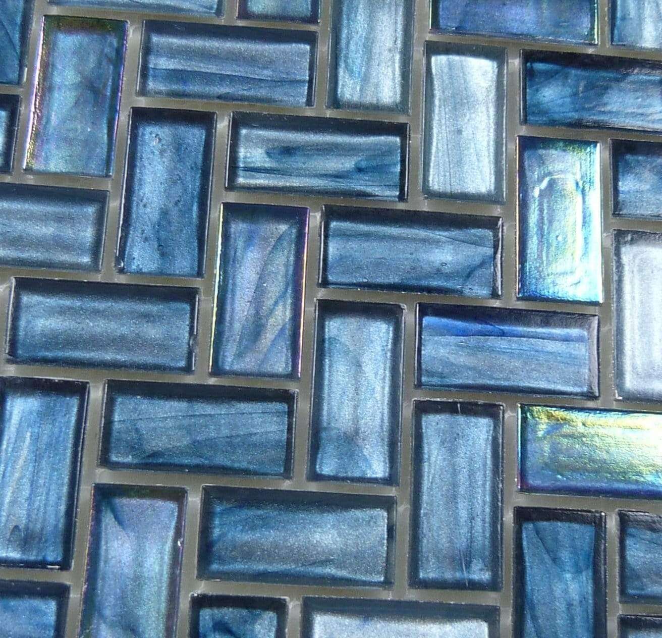 Cobalt Sea Blue Herringbone Glossy & Iridescent Glass Tile Euro Glass