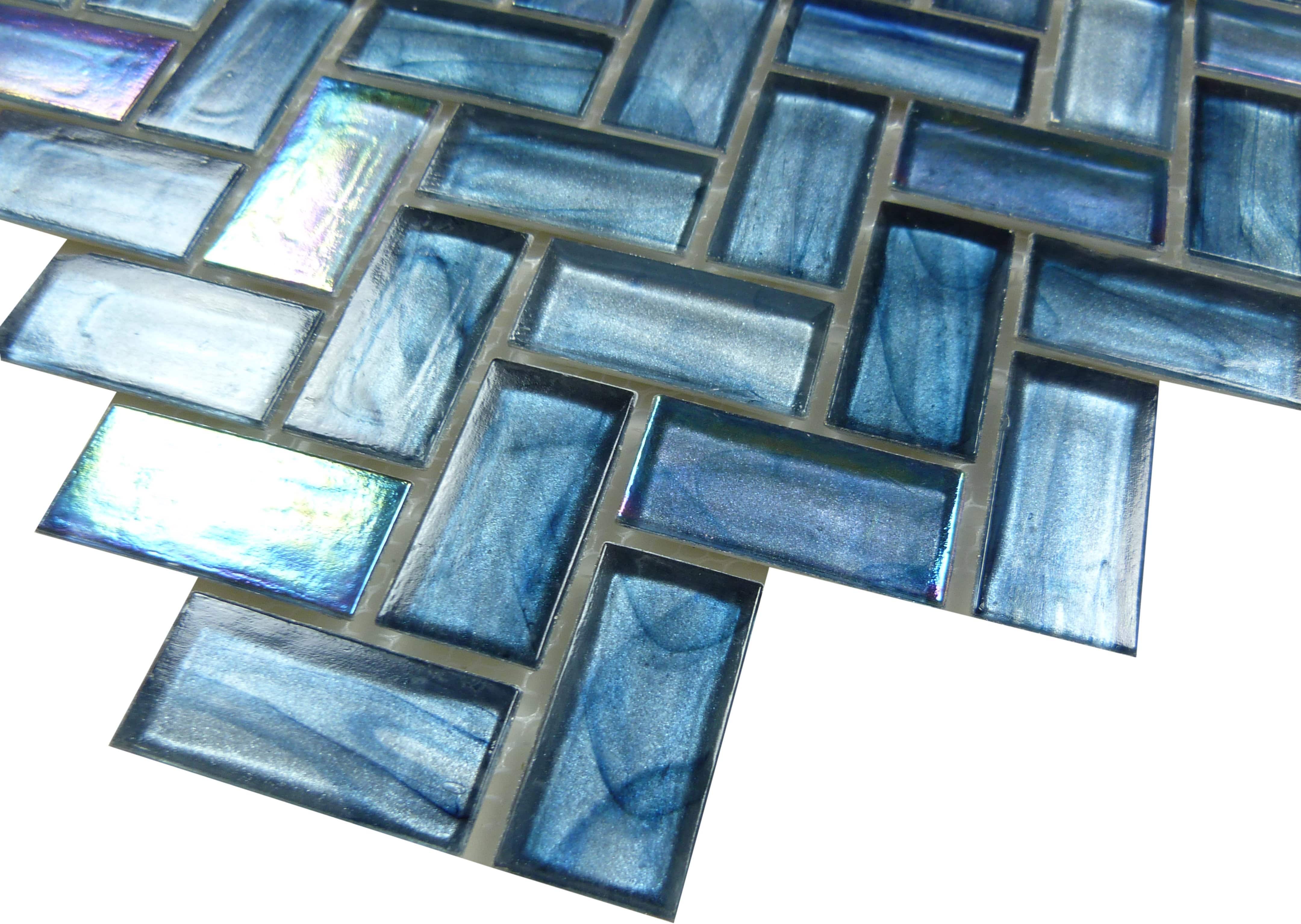 Cobalt Sea Blue Herringbone Glossy & Iridescent Glass Tile Euro Glass