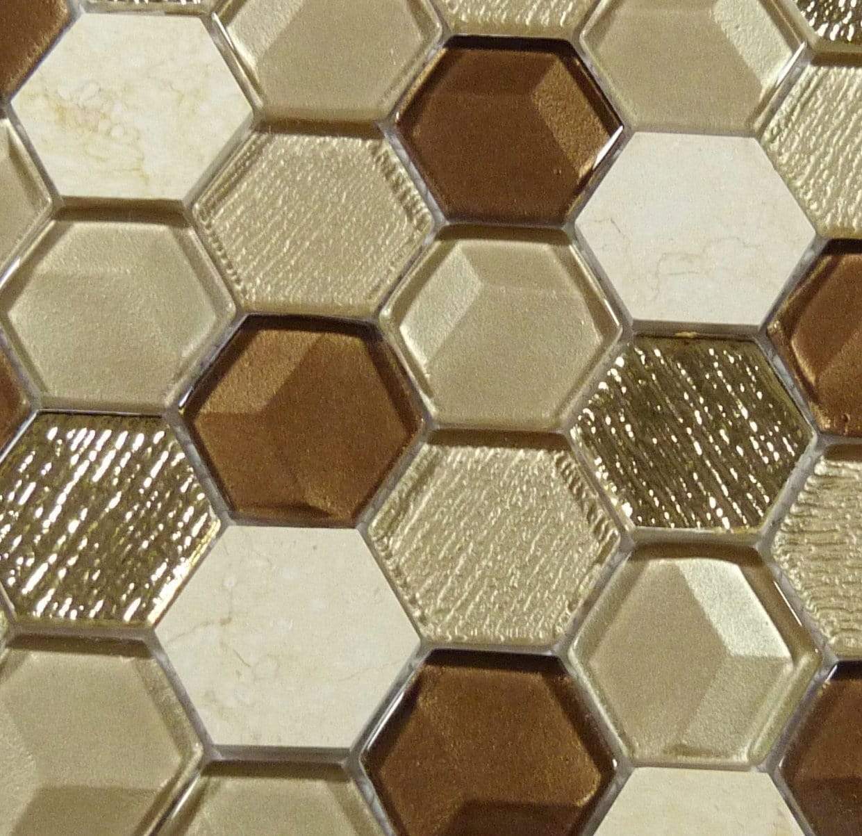 Honey Harvest Hexagon Gold Glossy Glass & Stone Tile Euro Glass