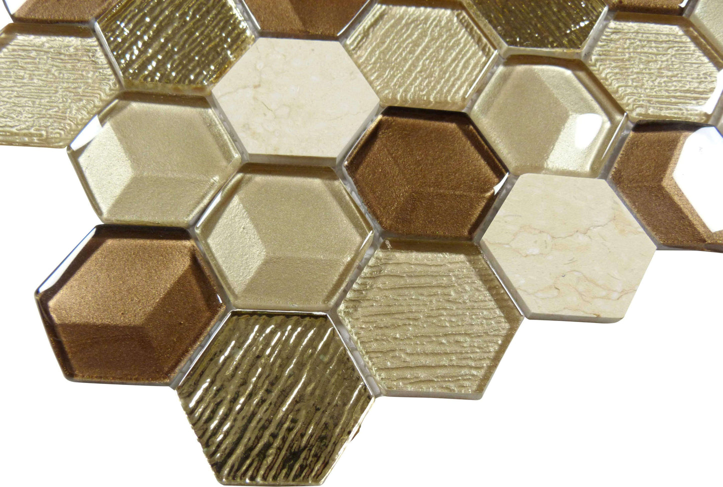 Honey Harvest Hexagon Gold Glossy Glass & Stone Tile Euro Glass