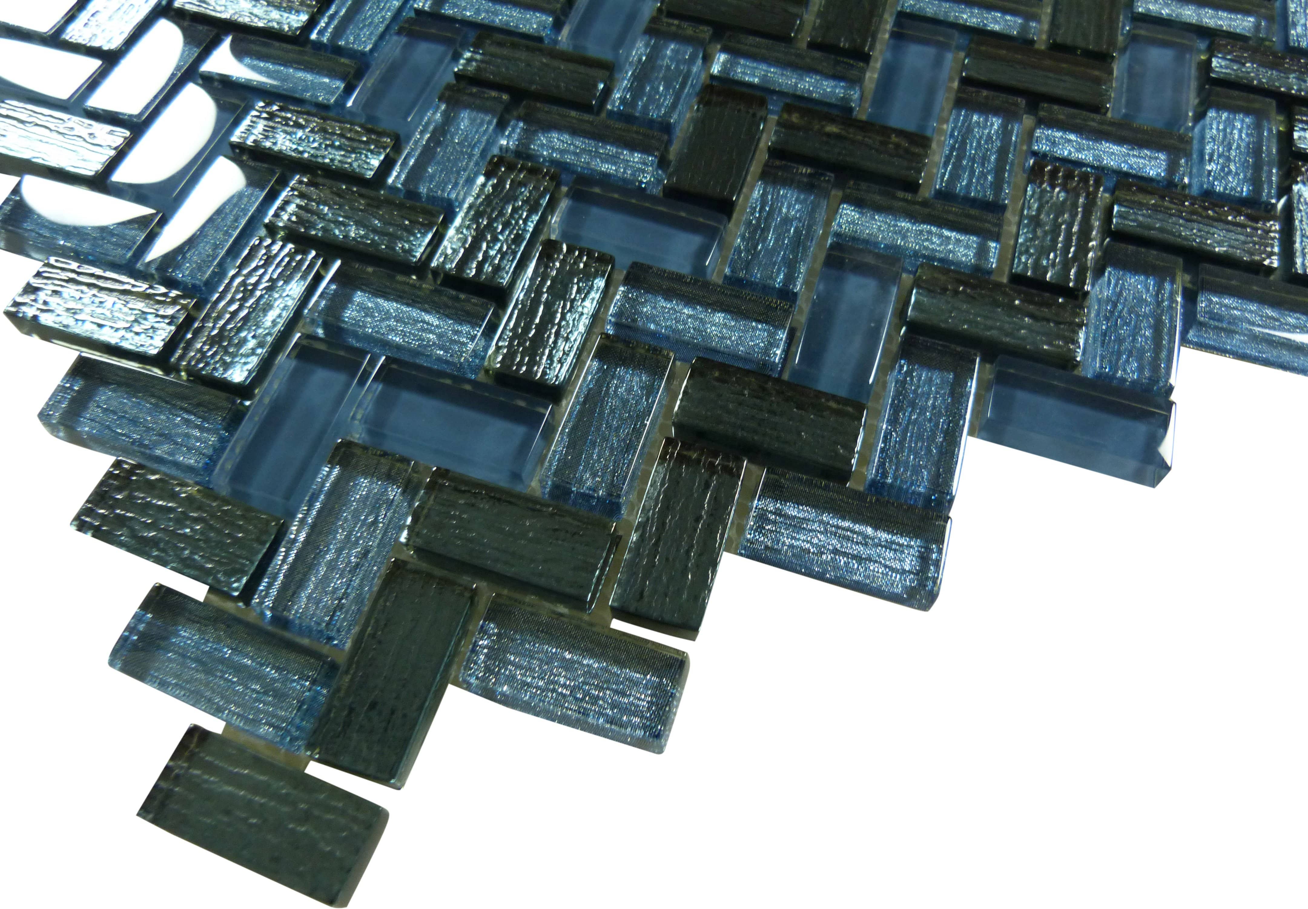 Larati Lane Blue Mini Herringbone Glossy Glass Tile Euro Glass