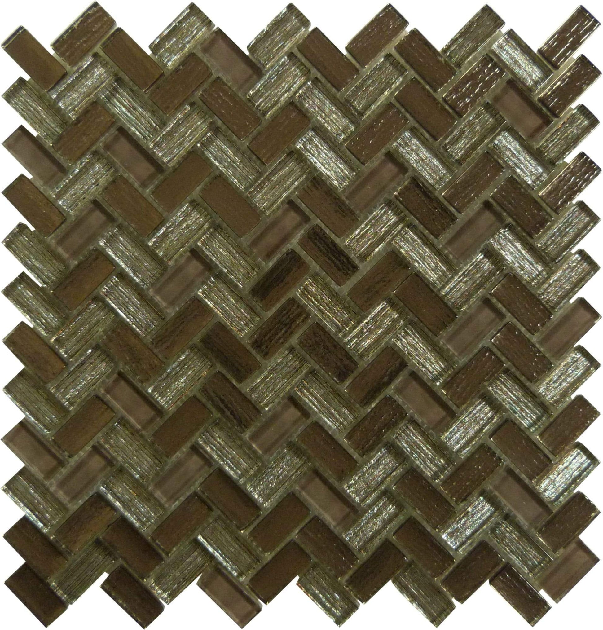 Larati Lane Brown Mini Herringbone Glossy Glass Tile Euro Glass