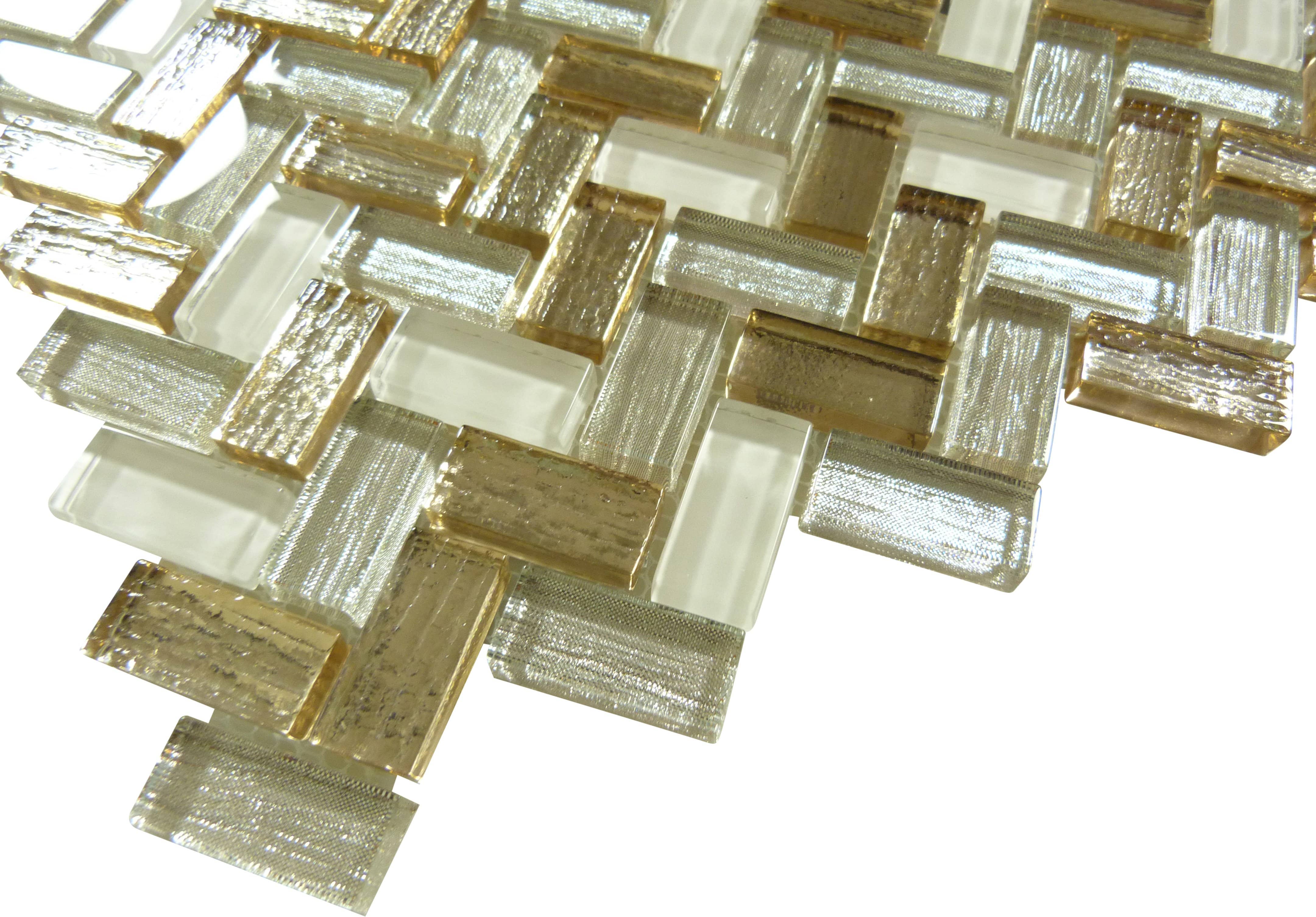 Larati Lane Gold Mini Herringbone Glossy Glass Tile Euro Glass