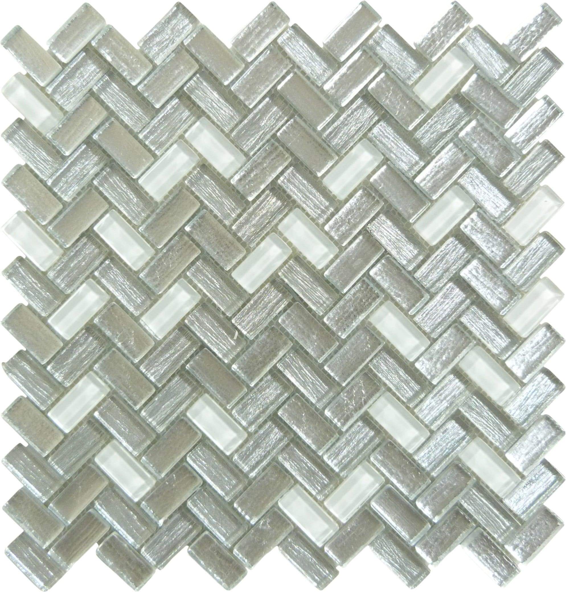 Larati Lane Silver Mini Herringbone Glossy Glass Tile Euro Glass