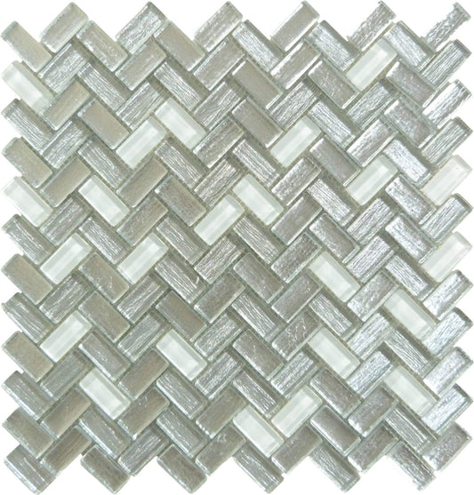 Larati Lane Silver Mini Herringbone Glossy Glass Tile Euro Glass