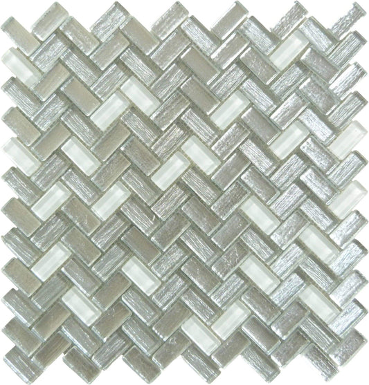 Larati Lane Silver Mini Herringbone Glossy Glass Tile Euro Glass