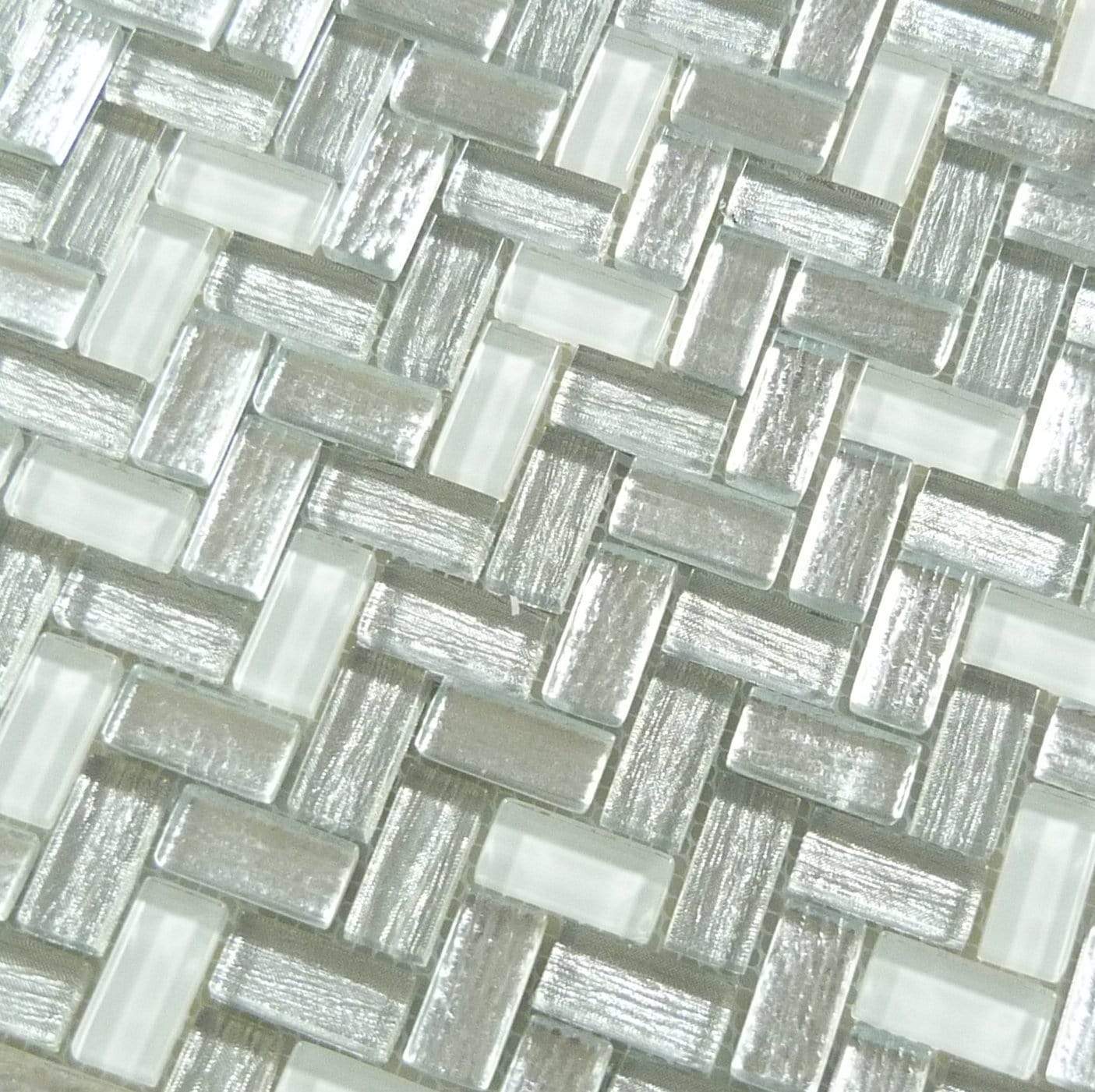 Larati Lane Silver Mini Herringbone Glossy Glass Tile Euro Glass