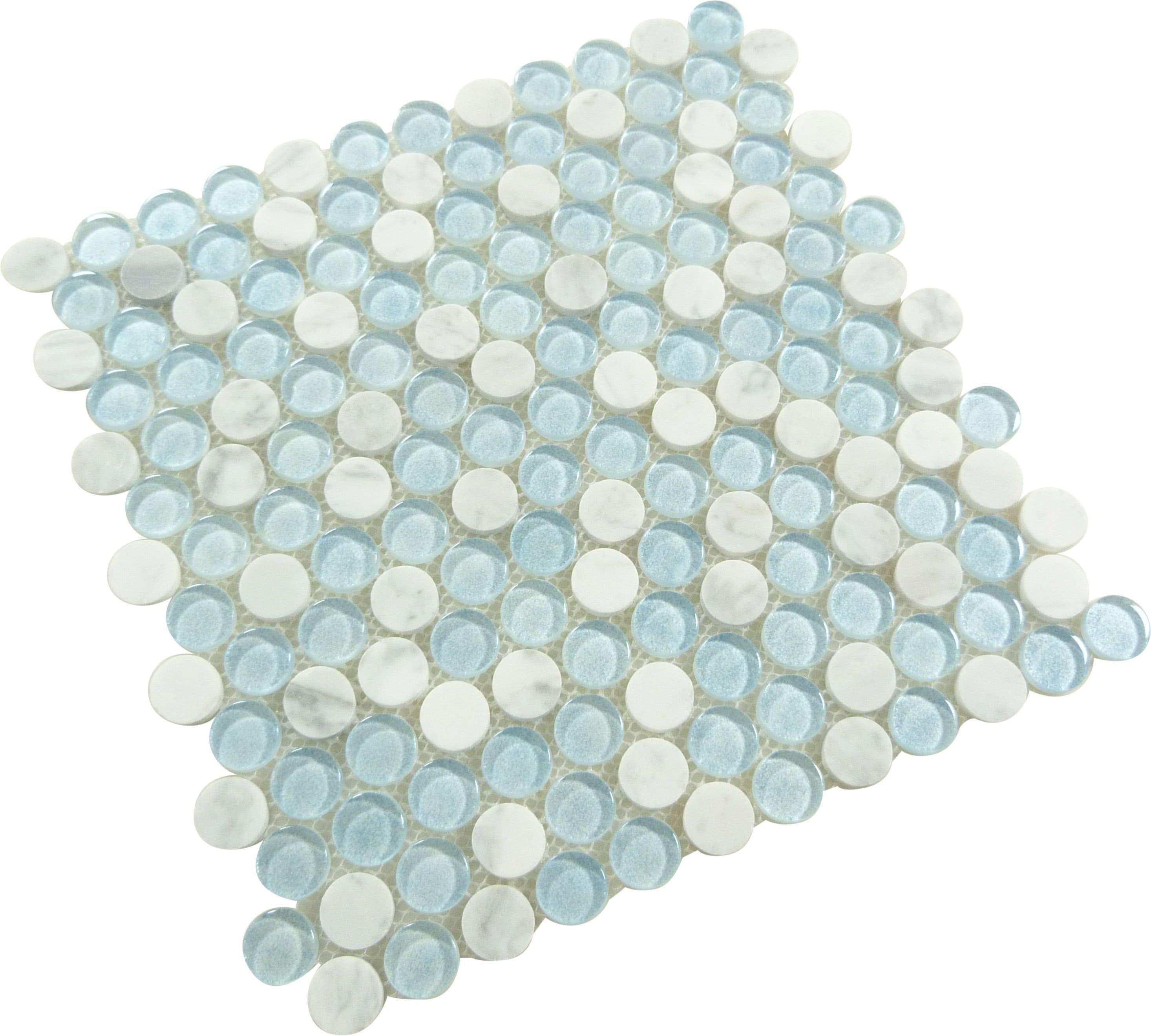 Marbello Freezon Blue Glass and Stone Penny Round Tile Euro Glass