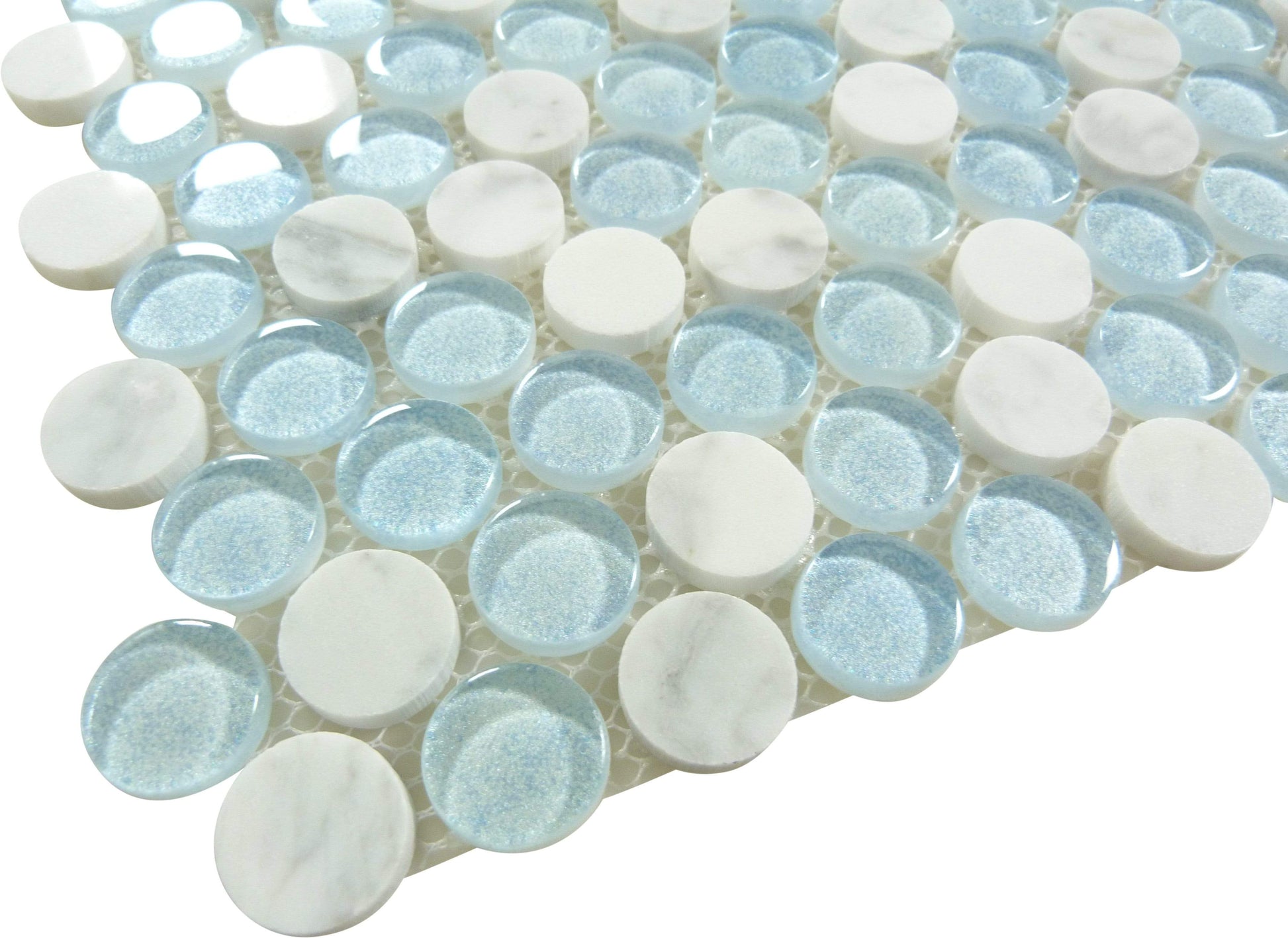 Marbello Freezon Blue Glass and Stone Penny Round Tile Euro Glass