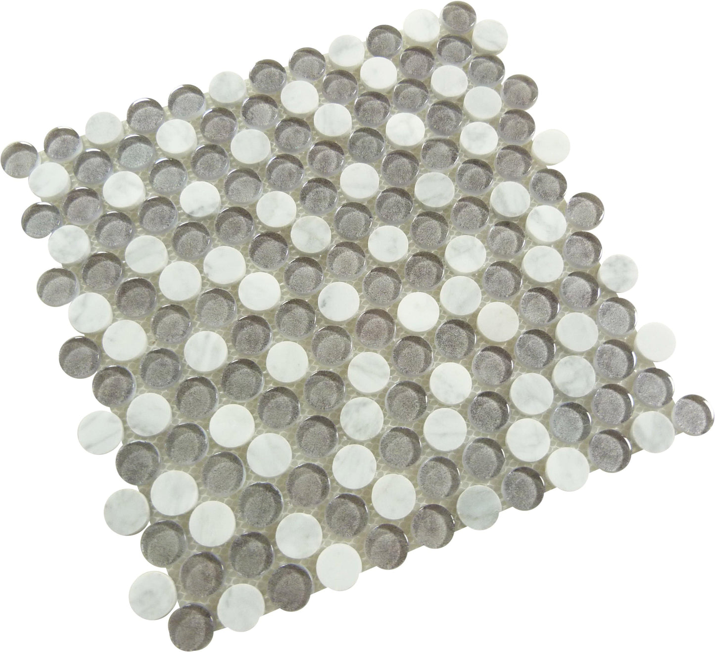 Marbello Piccolo Grey Glass and Stone Penny Round Tile Euro Glass