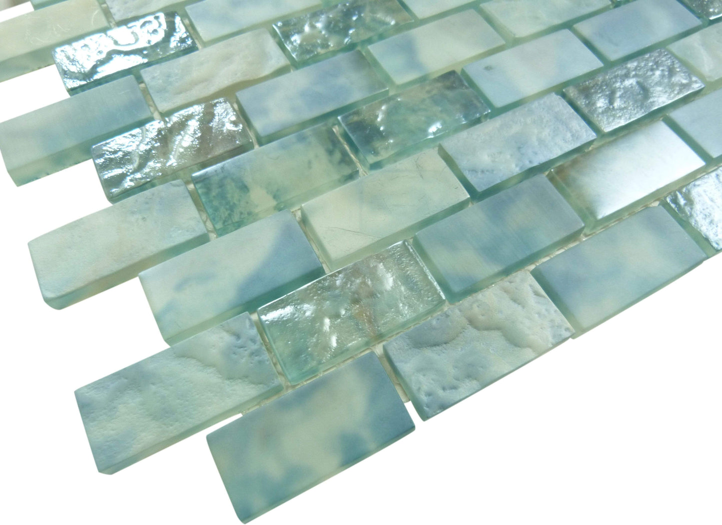 Mykonos Harbor Beach Day Aqua 1" x 2" Iridescent Rippled Frosted Glass Pool Tile Euro Glass