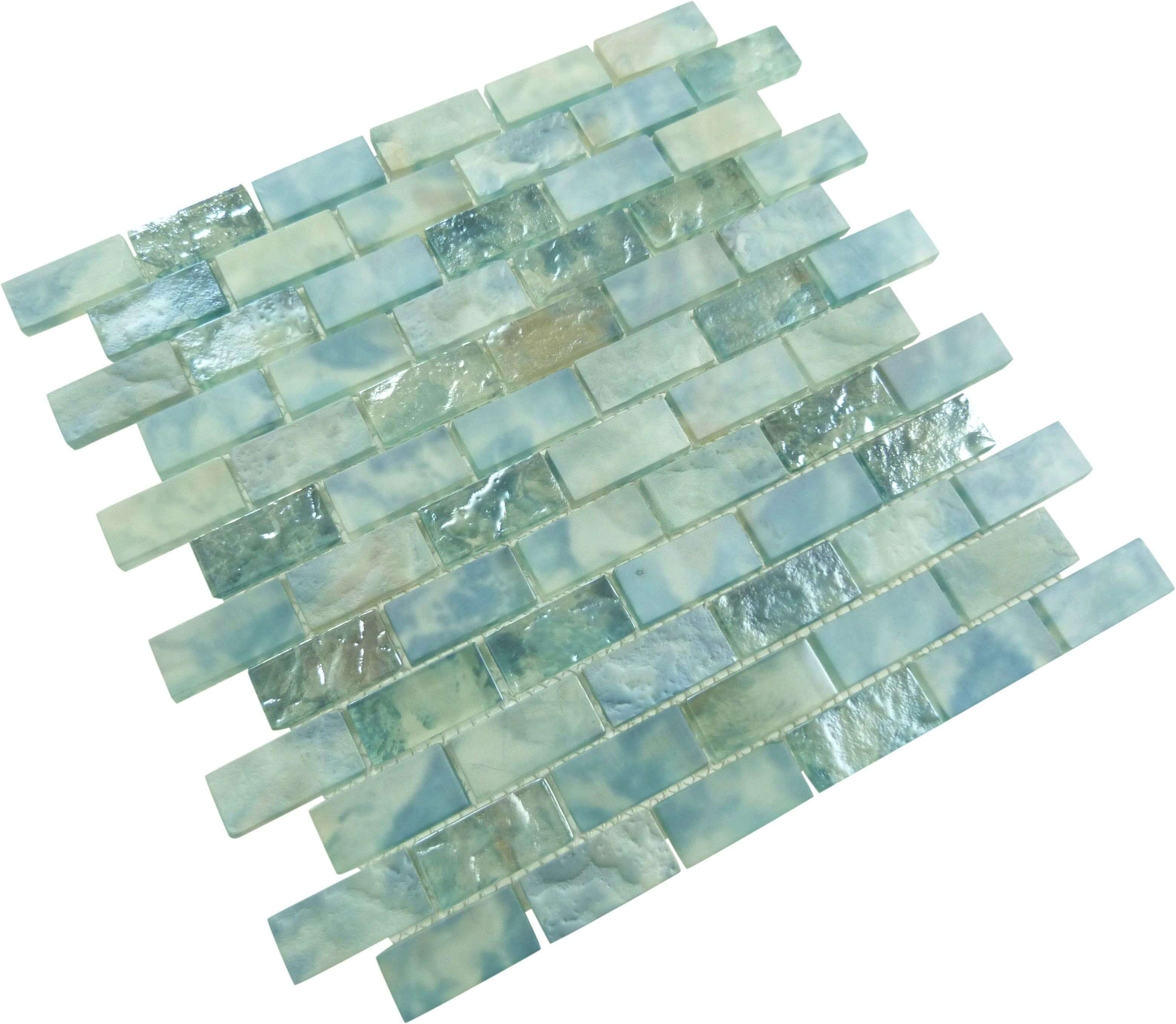 Mykonos Harbor Beach Day Aqua 1" x 2" Iridescent Rippled Frosted Glass Pool Tile Euro Glass