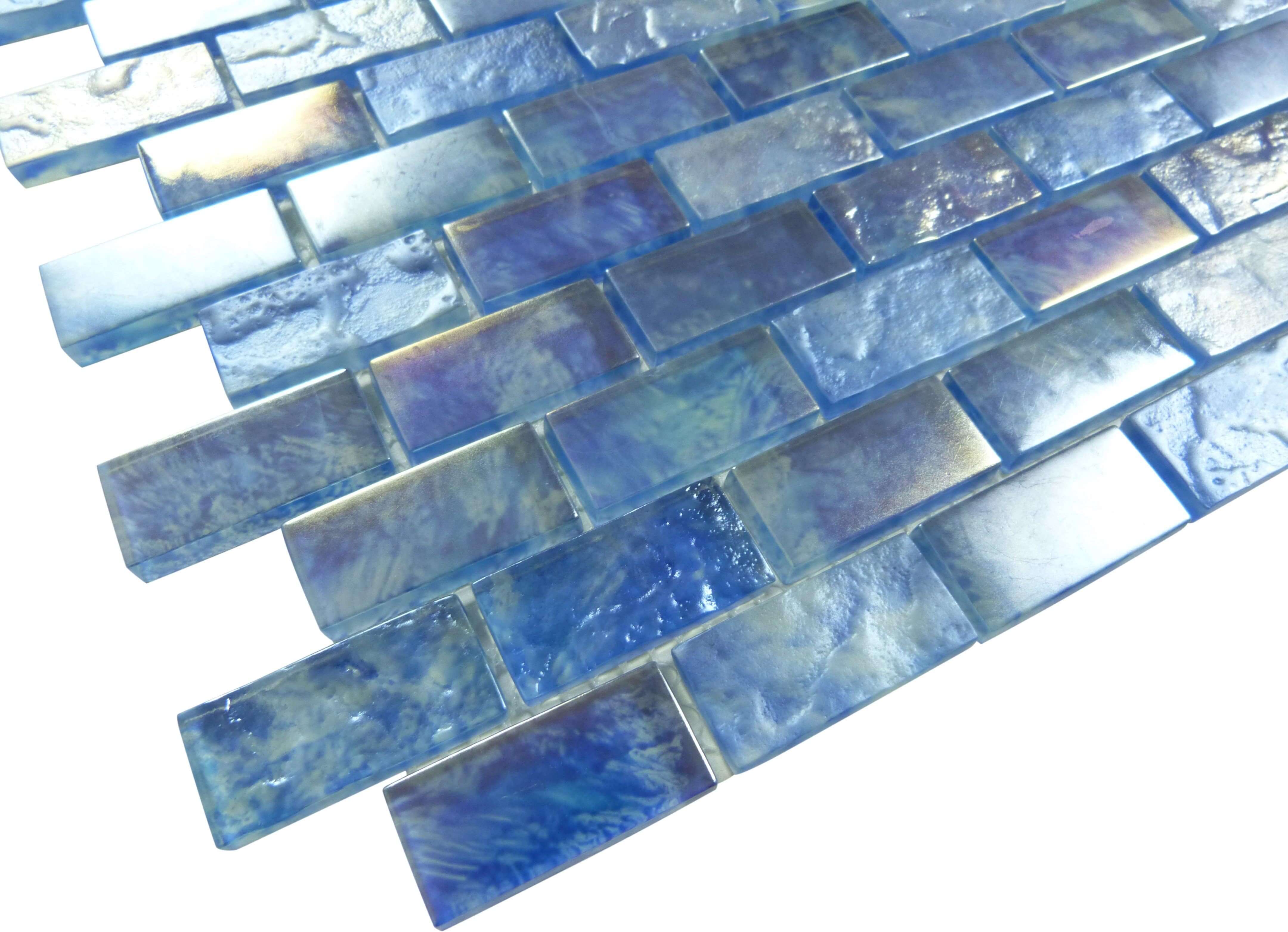 Mykonos Harbor Neon Waters Blue 1" x 2" Iridescent Rippled Frosted Glass Pool Tile Euro Glass