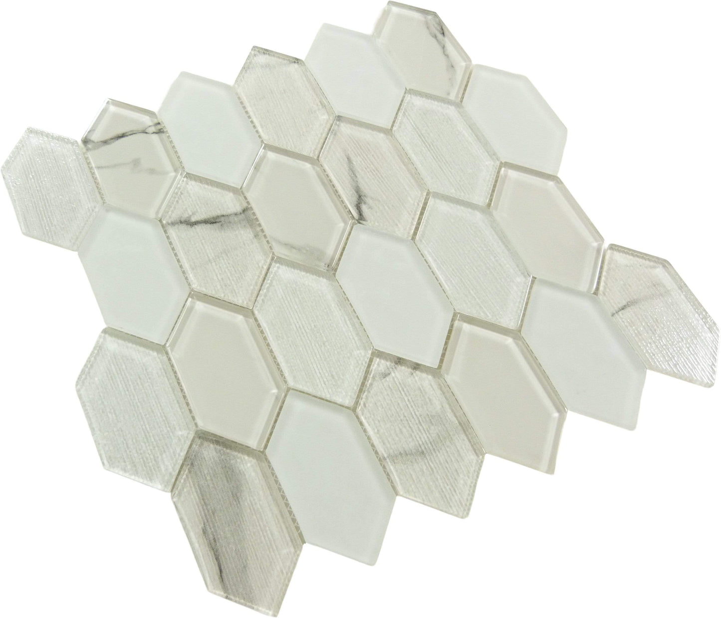 Pascal Abode Essential Aurian White Elongated Hexagon Glass Tile Euro Glass