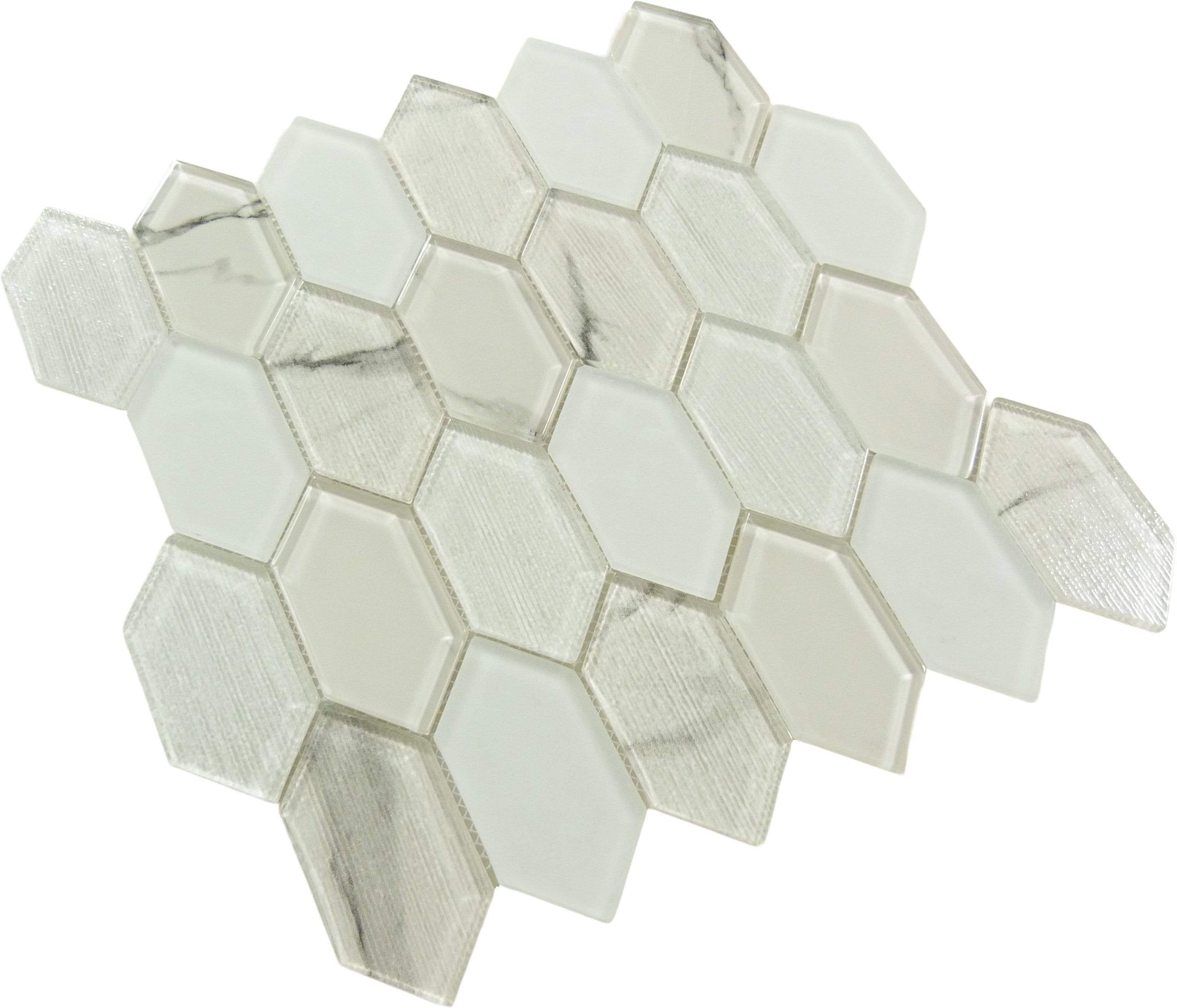 Pascal Abode Essential Aurian White Elongated Hexagon Glass Tile Euro Glass