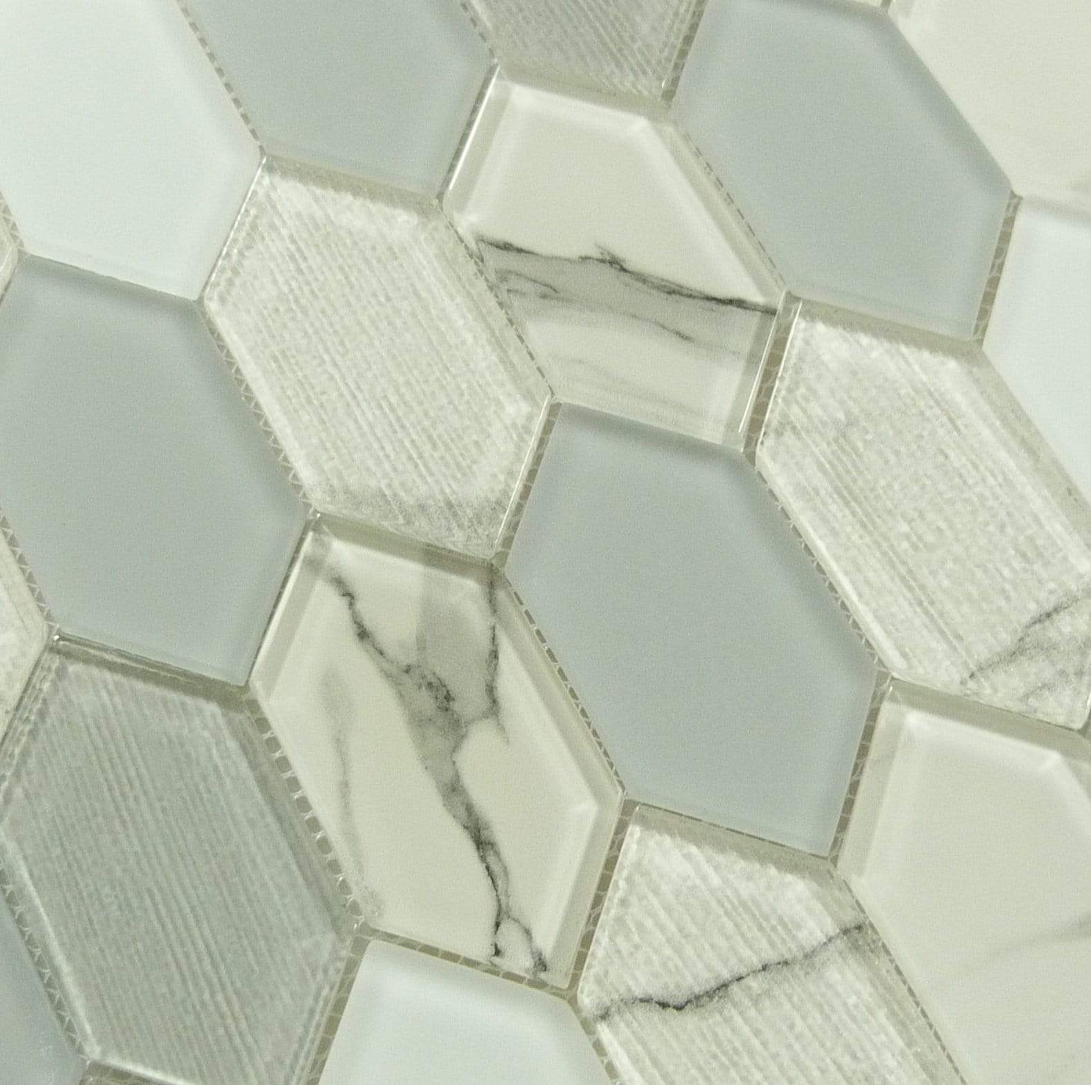 Pascal Abode New Lavinia Grey Elongated Hexagon Glass Tile Euro Glass