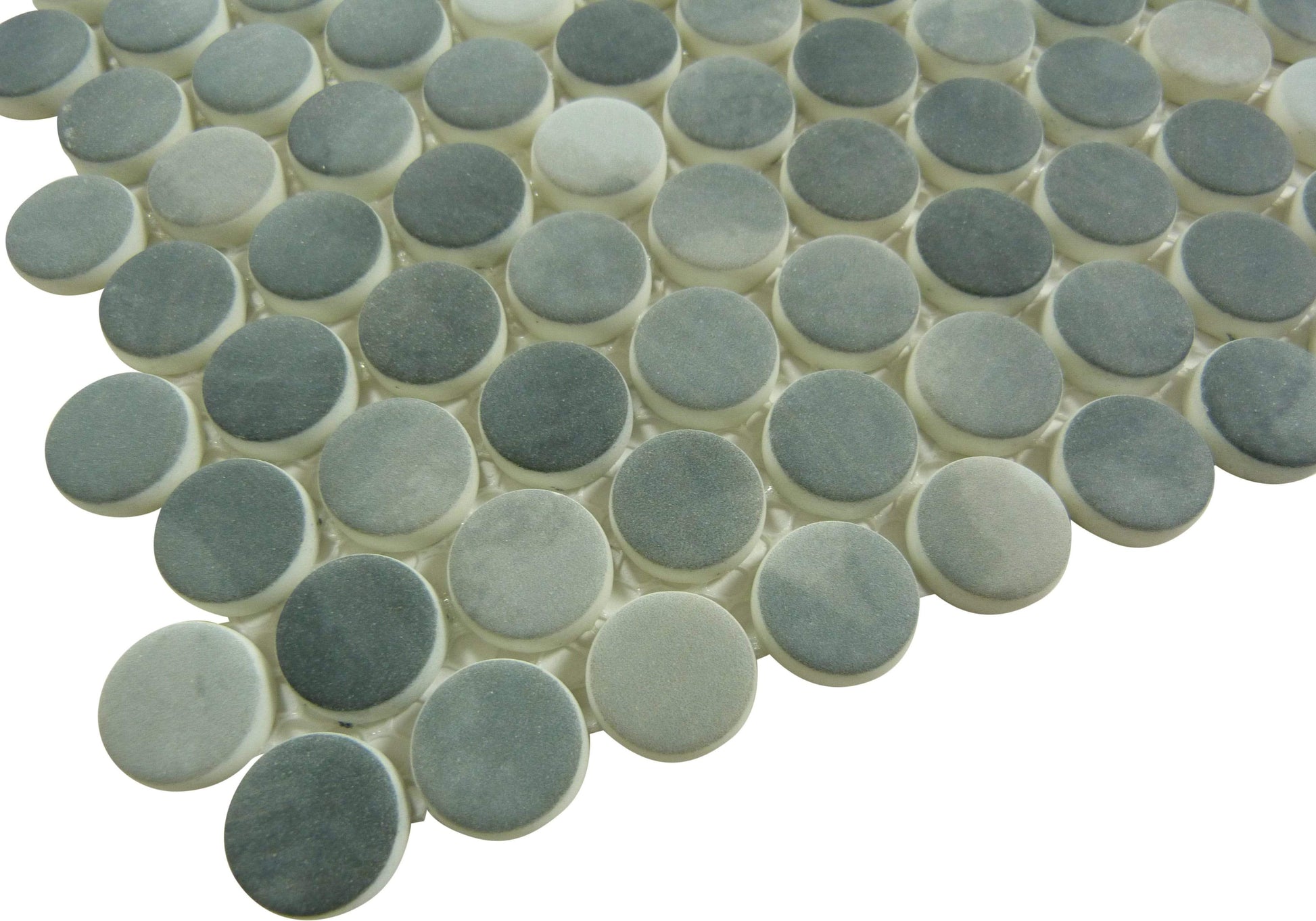 Polka Dot Ombre Reef Grey Penny Round Recycled Matte Glass Tile Euro Glass