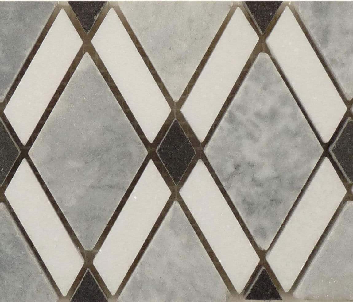 Mugworth Thassos White and Basalt Diamond Polished Stone Border Tile Euro Glass