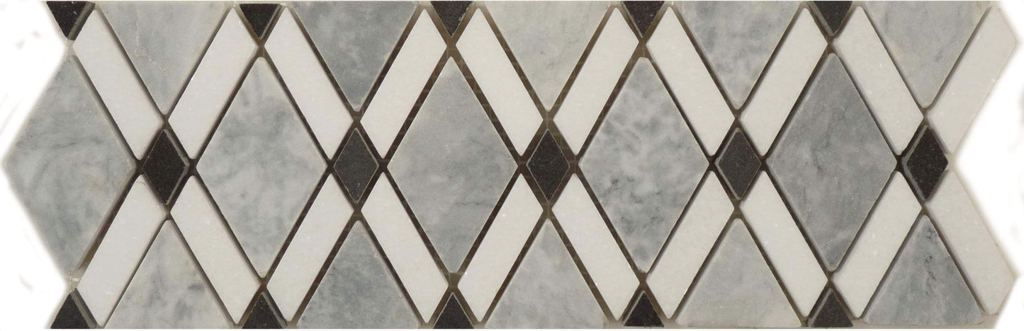 Mugworth Thassos White and Basalt Diamond Polished Stone Border Tile Euro Glass