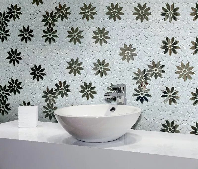 Thassos with Antique Mirror Flower Glass and Stone Tile Euro Glass