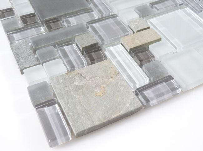 Sag Harbor Gray GS23 Grey Unique Shapes Glass and Slate Glossy & Frosted Tile Euro Glass